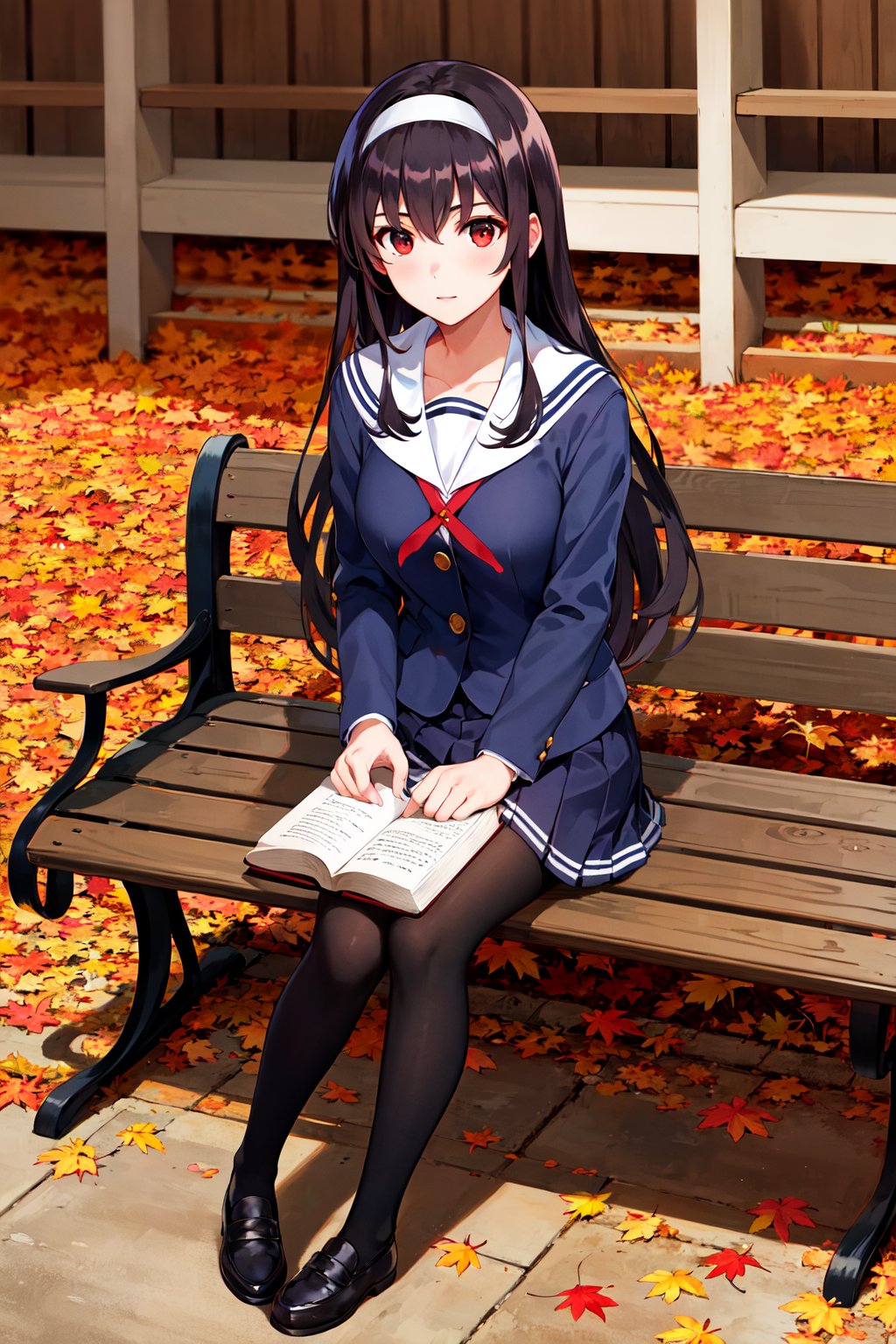 masterpiece, best quality, highres, aautaha, long hair, black hair, hairband, school uniform, sailor collar, blue blazer, long sleeves, pleated skirt, blue skirt, black pantyhose, <lora:kasumigaoka_utaha_v2-1:0.7>, outdoors, bench, sitting, book, autumn, 