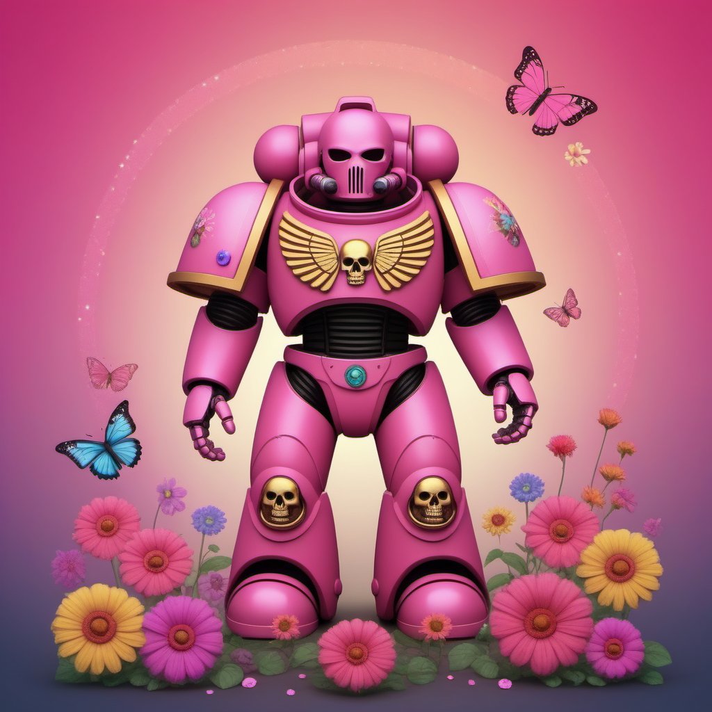 a pink spacemarine robot, cute fantasy background, rainbow, butterfly, flowers, spread love, skulls, death <lora:SpaceMarine1024:0.3>