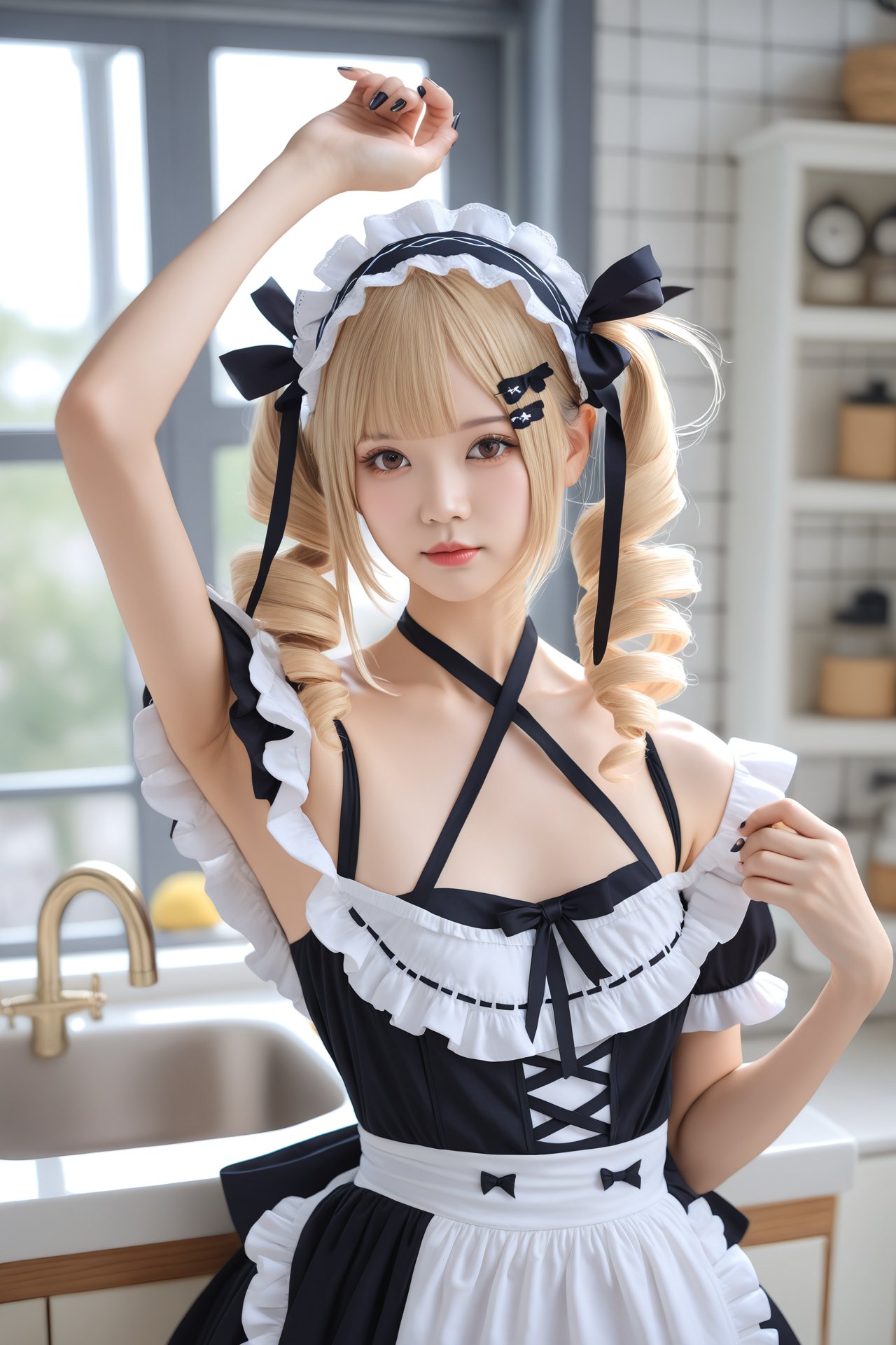 masterpiece, Realism, best quality, loli, 1girl, solo, blonde hair, realistic, indoors, drill hair, kitchen, frills, hair ornament, black dress, bare shoulders, apron, blurry, hairband, sink, looking at viewer, detached sleeves, maid headdress, maid, halterneck, lolita hairband, hairclip, twintails, blunt bangs, brown eyes, gothic lolita, ribbon, black ribbon, window, marie rose, photorealistic, bathroom, choker, lolita fashion, arm up, collarbone, hair ribbon, lips, white apron, closed mouth, scrunchie, long hair, tiles, upper body, frilled dress, criss-cross halter, frilled sleeves, tile wall, short sleeves, depth of field, nail polish, medium hair