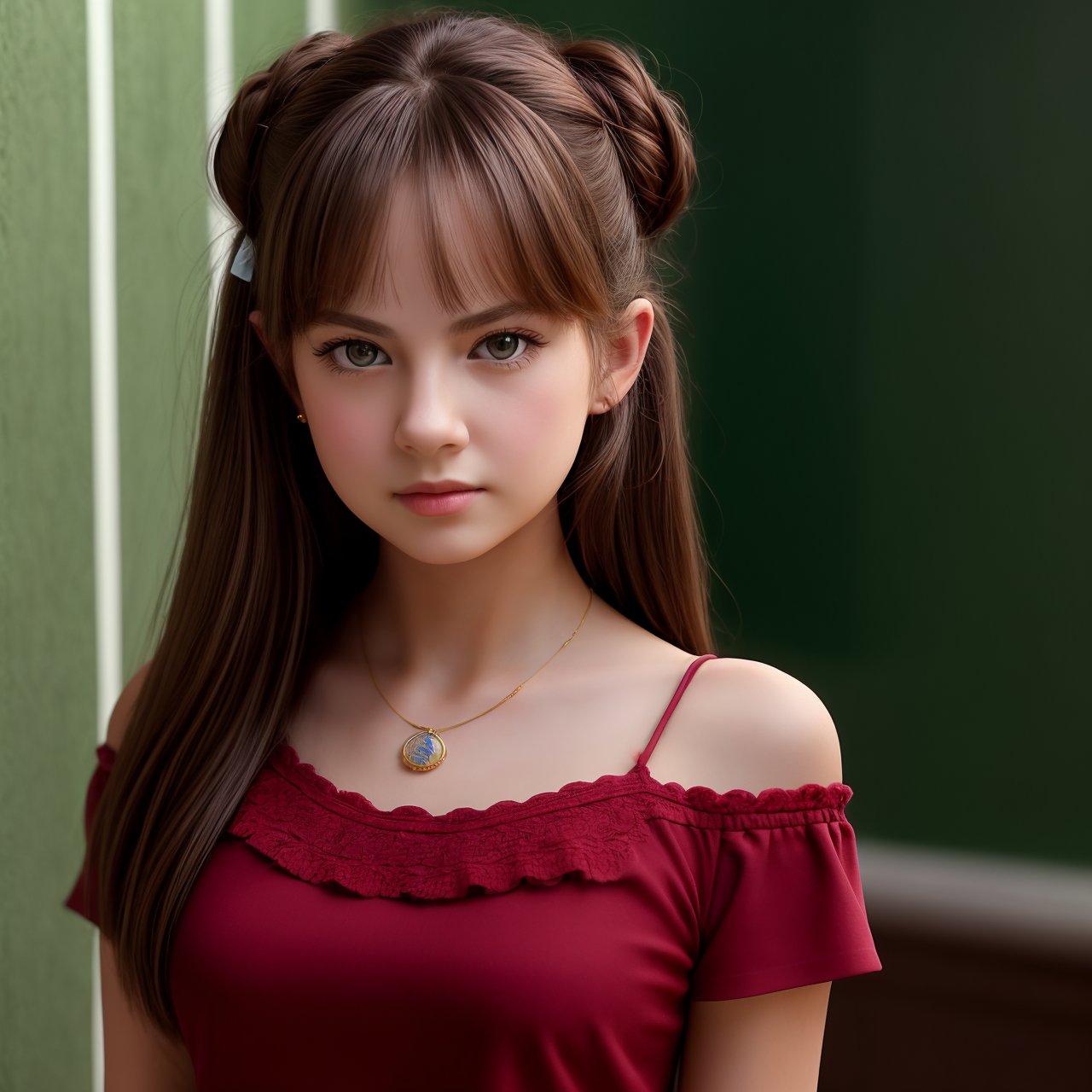 SFW, (masterpiece:1.3), extra resolution, portrait of stunning (AIDA_LoRA_BelK:1.01) <lora:AIDA_LoRA_BelK:0.84> standing next to the green wall, leaning on green wall, young teen girl, pretty face, red shirt, necklace, naughty, hyper realistic, studio photo, kkw-ph1, hdr, f1.8