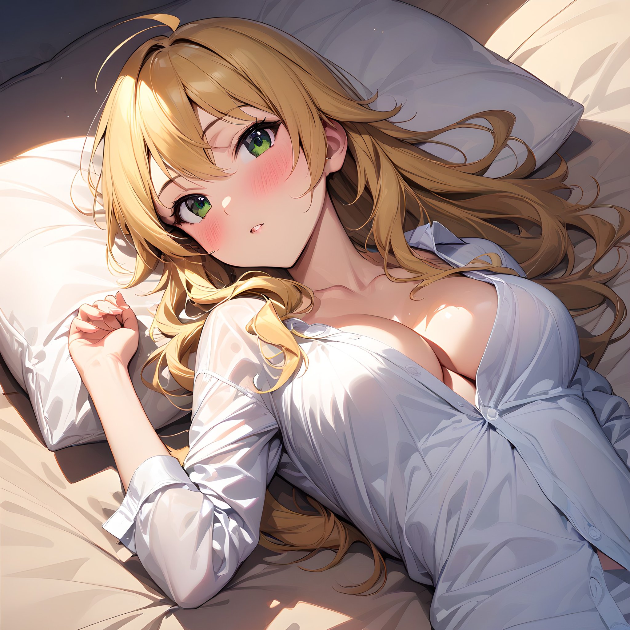 (masterpiece),(best quality),(ultra-detailed),(best illustration),(best shadow),(absurdres),(detailed background),(very aesthetic), hoshii_miki, hoshii_miki, 1girl, breasts, blonde hair, long hair, solo, cleavage, green eyes, blush, lying, looking at viewer, ahoge, shirt, white shirt, pillow, medium breasts<lora:Hoshii_Miki:1>