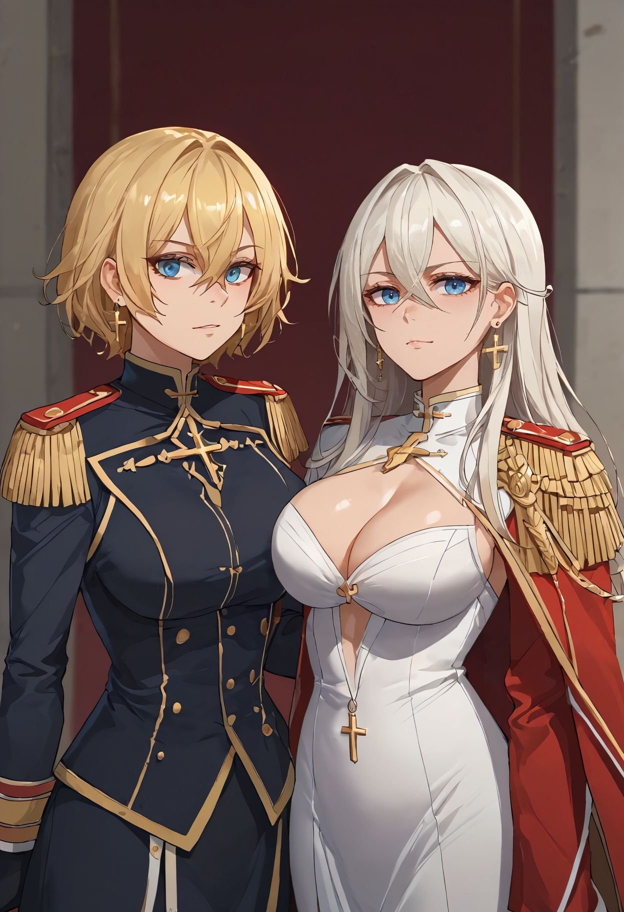 score_9, score_8_up, score_7_up, score_6_up,source_anime,2girls, aiguillette, bismarck \(coat of arms\), black dress, blonde hair, blue eyes, breasts, center opening, cleavage, coat of arms, cross, cross earrings, dated, dress, earrings, epaulettes, evening gown, hair between eyes, iron blood \(emblem\), jewelry, large breasts, long hair, looking at viewer, multiple girls, official alternate costume, short hair, siblings, single epaulette, sisters, upper body, white dress, white hair