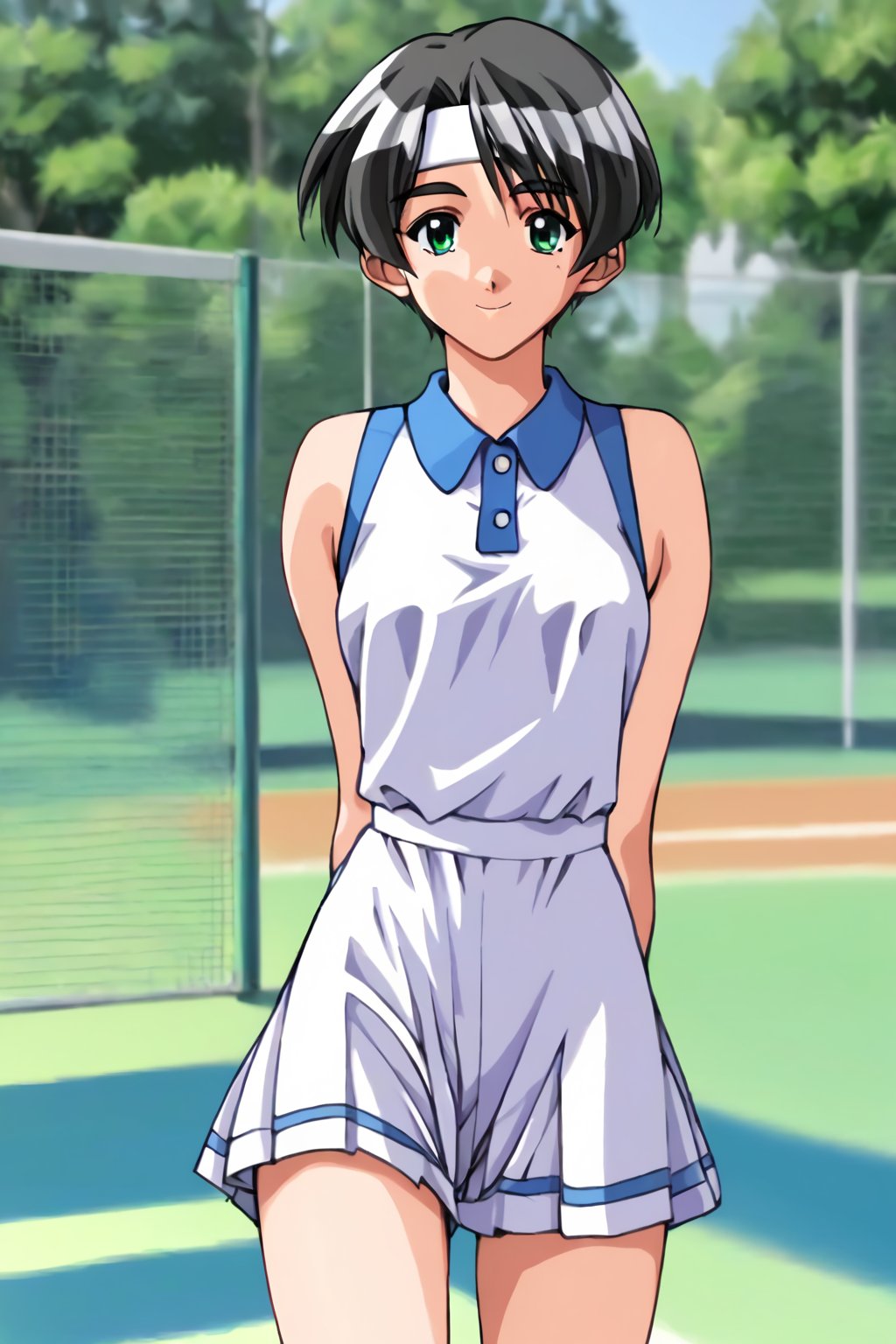 score_9, score_8_up, score_7_up, score_6_up, score_5_up, score_4_up, source_animewakabayashi ayu, 1girl, black hair, green eyes, short hair, solo, tennis uniform, ayu_tennis, smile, hands behind back, white headband,masterpiece, perfect face, best quality, beautiful girl, blurry background, cute girl, beautiful eyes, shiny eyes, anime coloring, anime screencap, absurdres, outdoors.  <lora:wakabayashi ayu hoseki 820 1:0.8>