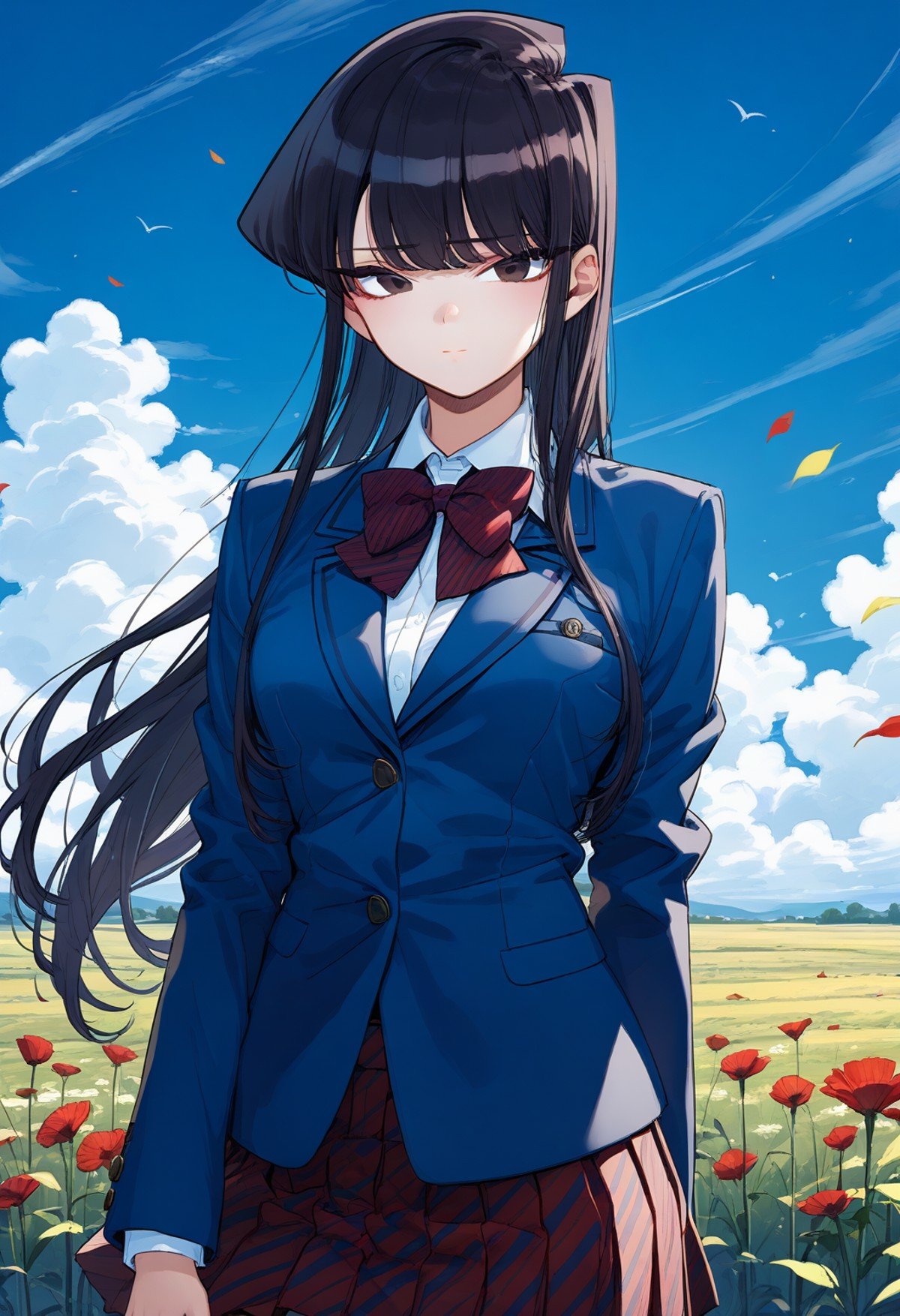 1girl, solo, (field:1.2), (sky:1.2), (upper body:1.4), embarrassed, looking at viewer, komi_shouko, black eyes, black hair, long hair, school uniform, red bowtie, jacket, blazer, long sleeves, striped, pleated skirt, red skirt, <lora:komi_shouko_pony_ver2:0.8>, score_9, score_8_up, score_7_up, source_anime, best quality, uncensored,