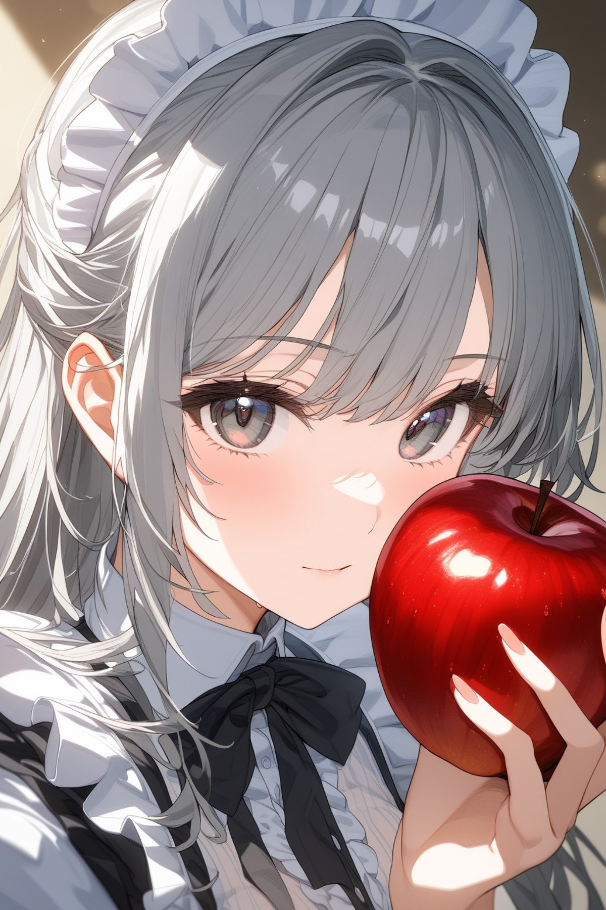 1girl,solo,Grey hair,long hair,maid's outfit,close-up of face,looking at viewer,holding apple in hand,highly detailed,best quality,absurdres,detailed,HDR,natural light,