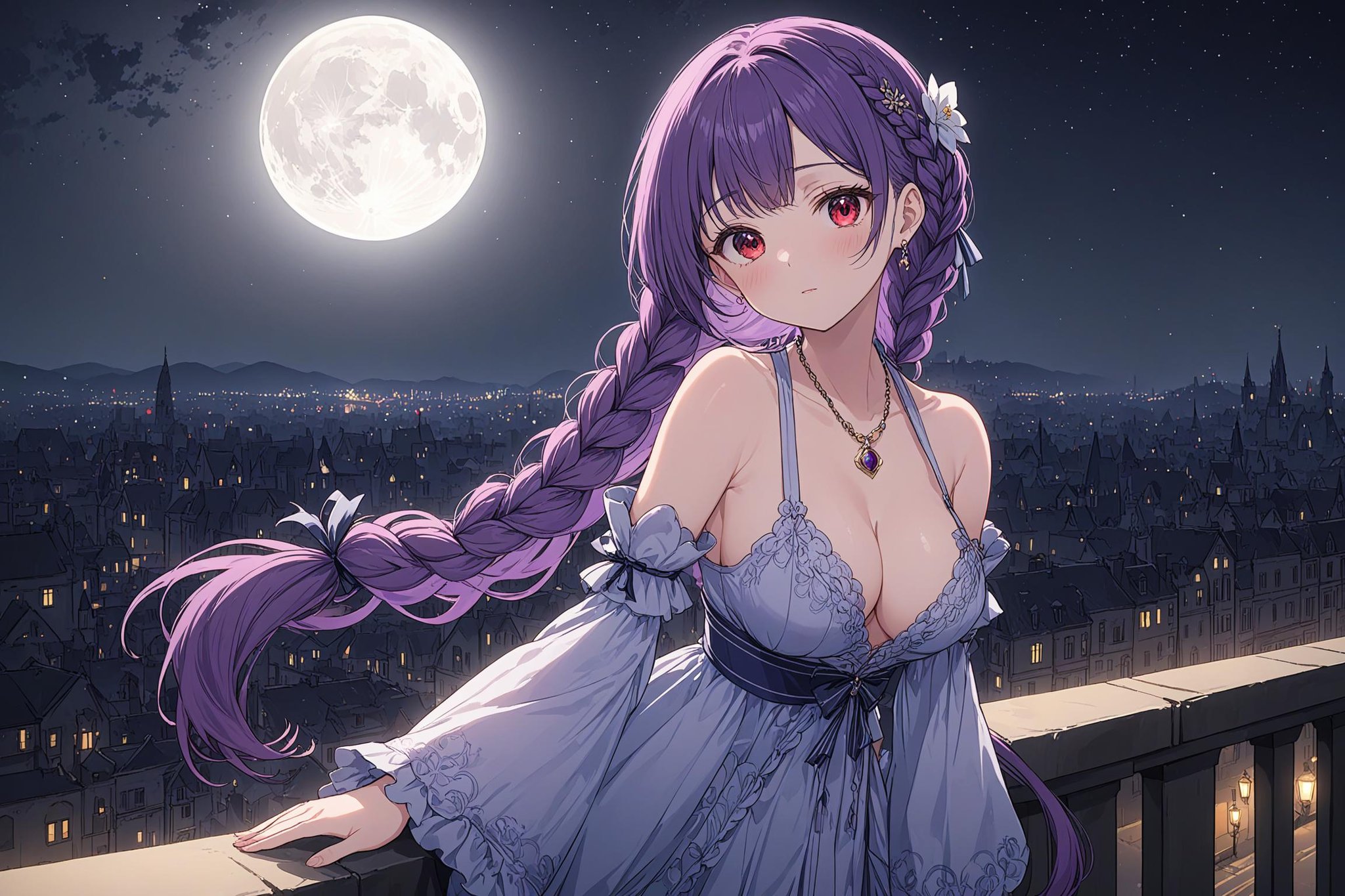 ultra-detailed,(best quality),((masterpiece)),(highres),original,extremely detailed 8K wallpaper,(an extremely delicate and beautiful),anime,1girl,braid,breasts,solo,dress,long hair,purple hair,twin braids,jewelry,necklace,medium breasts,barefoot,cleavage,looking at viewer,very long hair,ribbon,closed mouth,bare shoulders,red eyes,detached sleeves,hair ornament,flower,on the night embankment,leaning on the parapet,full moon,detailed night sky,detailed night city,cinematic,light shining,sharp focus,highly intricate,elegant,very coherent,innocent,designed,shiny,hand on hair,