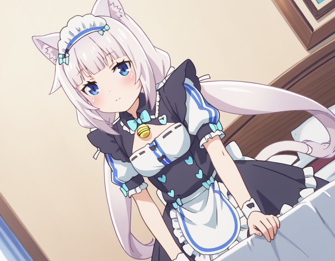 score_9, score_8_up, score_7_up, source_anime,nekoparavanilla, <lora:nekopara-vanilla-s1-ponyxl-lora-nochekaiser:1>,vanilla, long hair, bangs, blue eyes, animal ears, twintails, very long hair, white hair, cat ears, blunt bangs, animal ear fluff, low twintails, cat girl,dress, bow, tail, short sleeves, frills, bowtie, apron, cat tail, maid, maid headdress, bell, cat girl, waist apron, jingle bell, neck bell, waitress,indoors, bed, bed room, on side, blush, drunk,looking at viewer, solo, cowboy shot, dutch angle,