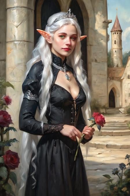 score_9, score_8_up, score_7_up, oil painting, traditional media, realistic, 1girl, solo, elf, pointy ears, breasts, long hair, very long hair, white hair, green eyes, portrait, looking at viewer, black dress, tiara, silver tiara, holding, holding flower, rose, red rose, necklace, jewelry, cowboy shot, standing, outdoors, castle <lora:Oil Painting Sharp Style LoRA_Pony XL v6:1>