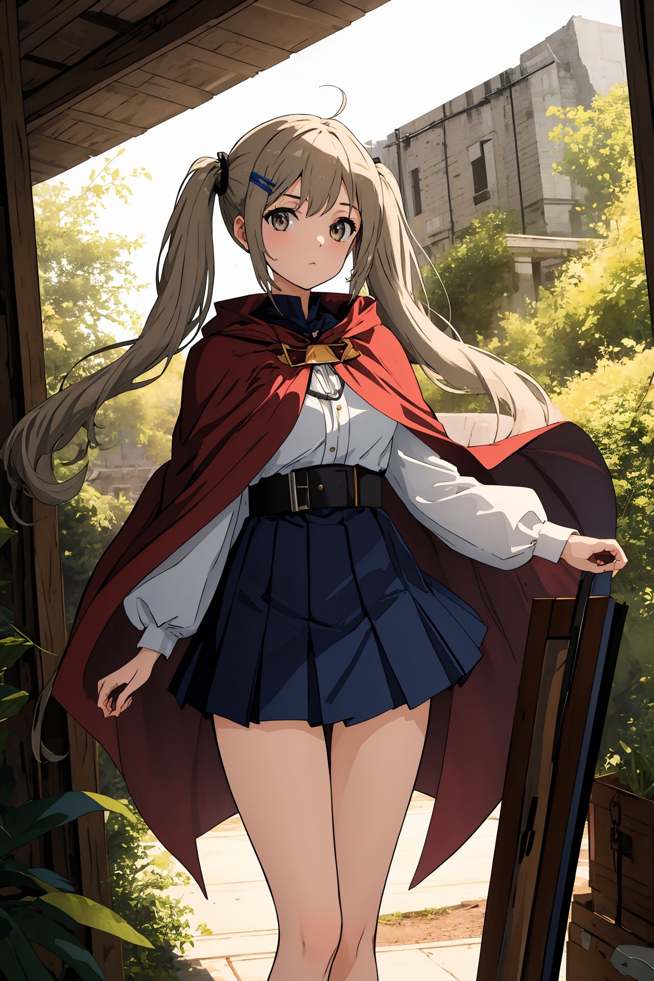 (best quality, masterpiece, highres),1girl,solo,long hair,hairclip,low twintails,wedges,cape,selfiemirror,thighs,cowboy shot,dynamic_angle,tunnel,
