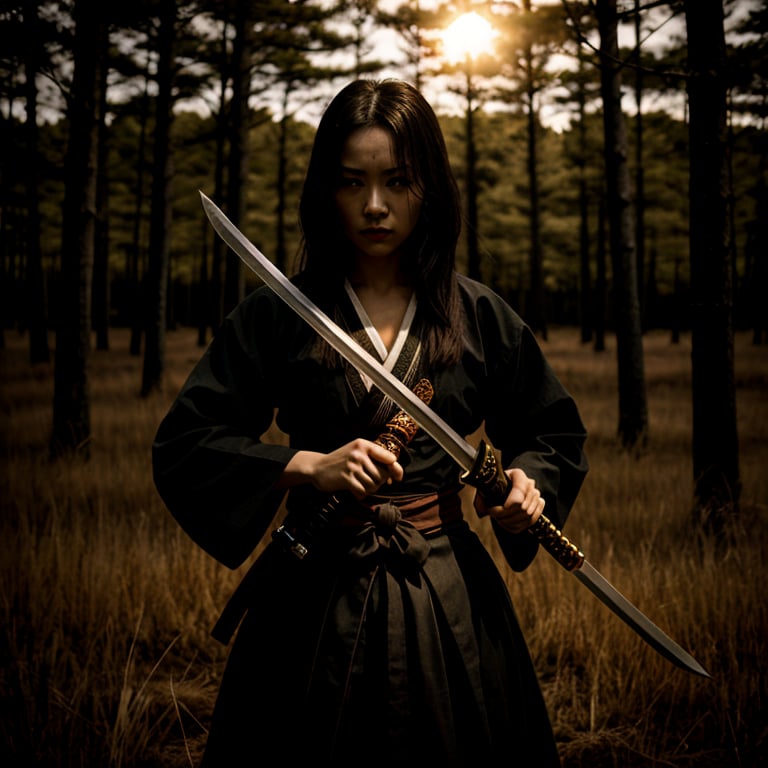 Horror-themed,  <lora:samurai style SD1.5:1.2>an epic cinematic backlight photo of a woman with a Katana sword in a field with golden orange sun in the background female samurai style, Eerie, unsettling, dark, spooky, suspenseful, grim, highly detailed