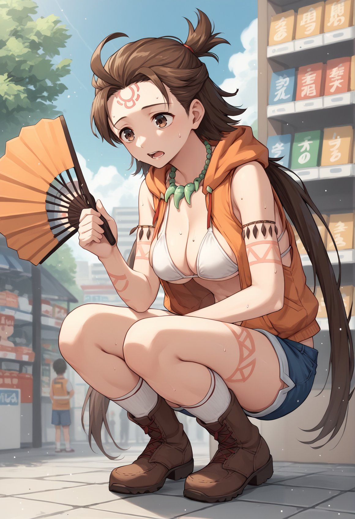 1girl, brown hair, long hair, low twintails, topknot, brown eyes, body markings, facial mark, forehead mark, jewelry, necklace, magatama, magatama necklace, bikini, white bikini, orange vest, blue shorts, boots, socks, squatting, sweat, hand fan, tired, open mouth, outdoors, convenience store <lora:Himiko:0.8>, score_9, score_8_up, score_7_up, score_6_up, score_5_up, score_4_up, BREAK source_anime, masterpiece