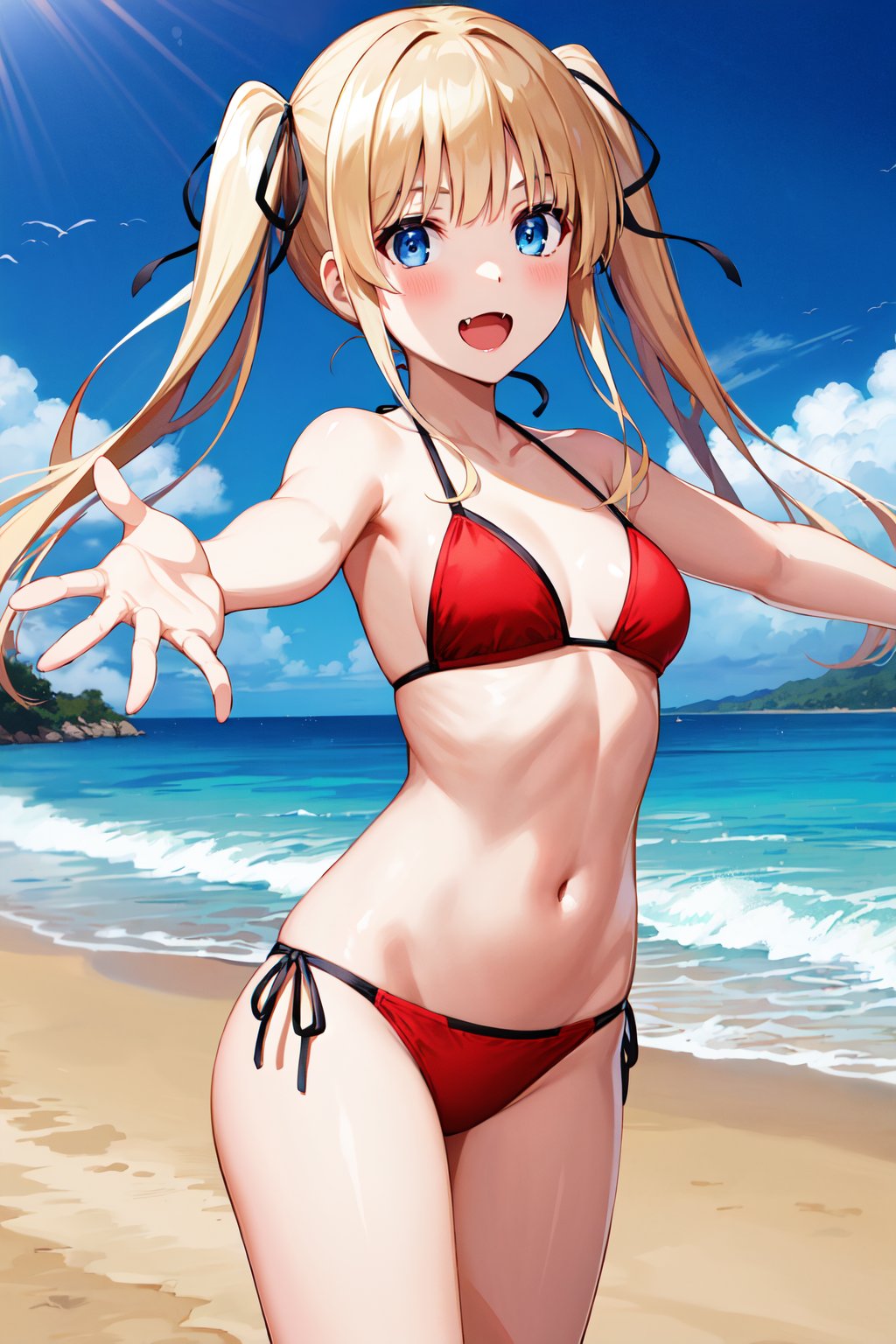 masterpiece, best quality, highres, aaeriri, long hair, twintails, hair ribbon, fang, red bikini, string bikini, <lora:sawamura_spencer_eriri_v1:0.7>, beach, standing, smile, open mouth, outstretched arms, 