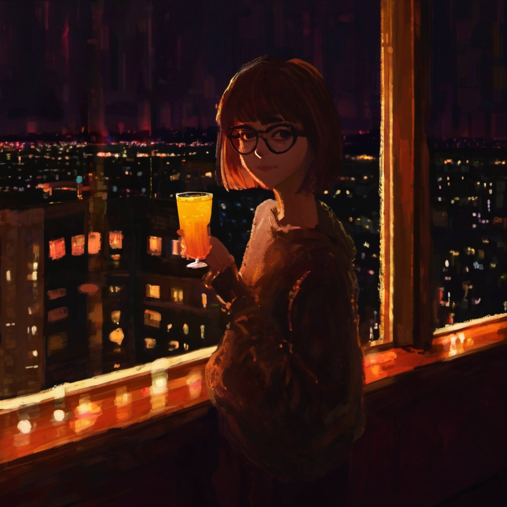 <lora:loneliness_xl_v2:0.8>,The image portrays a young individual, possibly a girl, standing near a window. She has short, straight hair and is wearing glasses. She's holding a yellow drink in her hand, possibly a beverage or a cocktail. The window offers a view of a cityscape at night, with numerous lights illuminating the buildings. The ambiance is warm, with a reddish-orange hue dominating the scene. The painting style is somewhat impressionistic, with visible brush strokes and a blend of colors., young individual, girl, short and straight hair, glasses, yellow drink, cityscape, night, lights, warm, reddish-orange hue, impressionistic, brush strokesroot