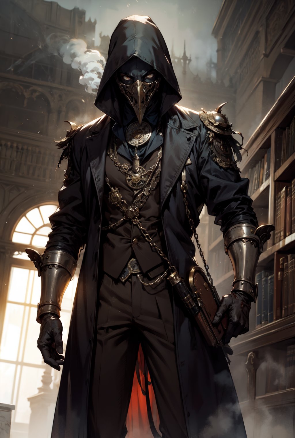 Tall man, plague doctor, dark brown outfit, steam punk, great depression, white eyes, old library, dark wood and silver flintlock pistol