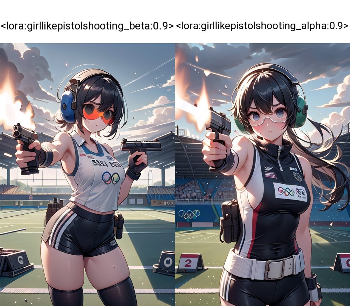 ((pistol shooting)), ((firing range)), (holding air handgun), outstretched arm, muzzle flash, aiming at viewer and target, player uniform, sleeveless, sports shorts, ear defenders, fingerless gloves, olympic games venue, wind, steam, sweat, shadow, 1girl, big tits, facing viewer standing, (((tinted eyewear))), <lora:girllikepistolshooting_beta:0.9>