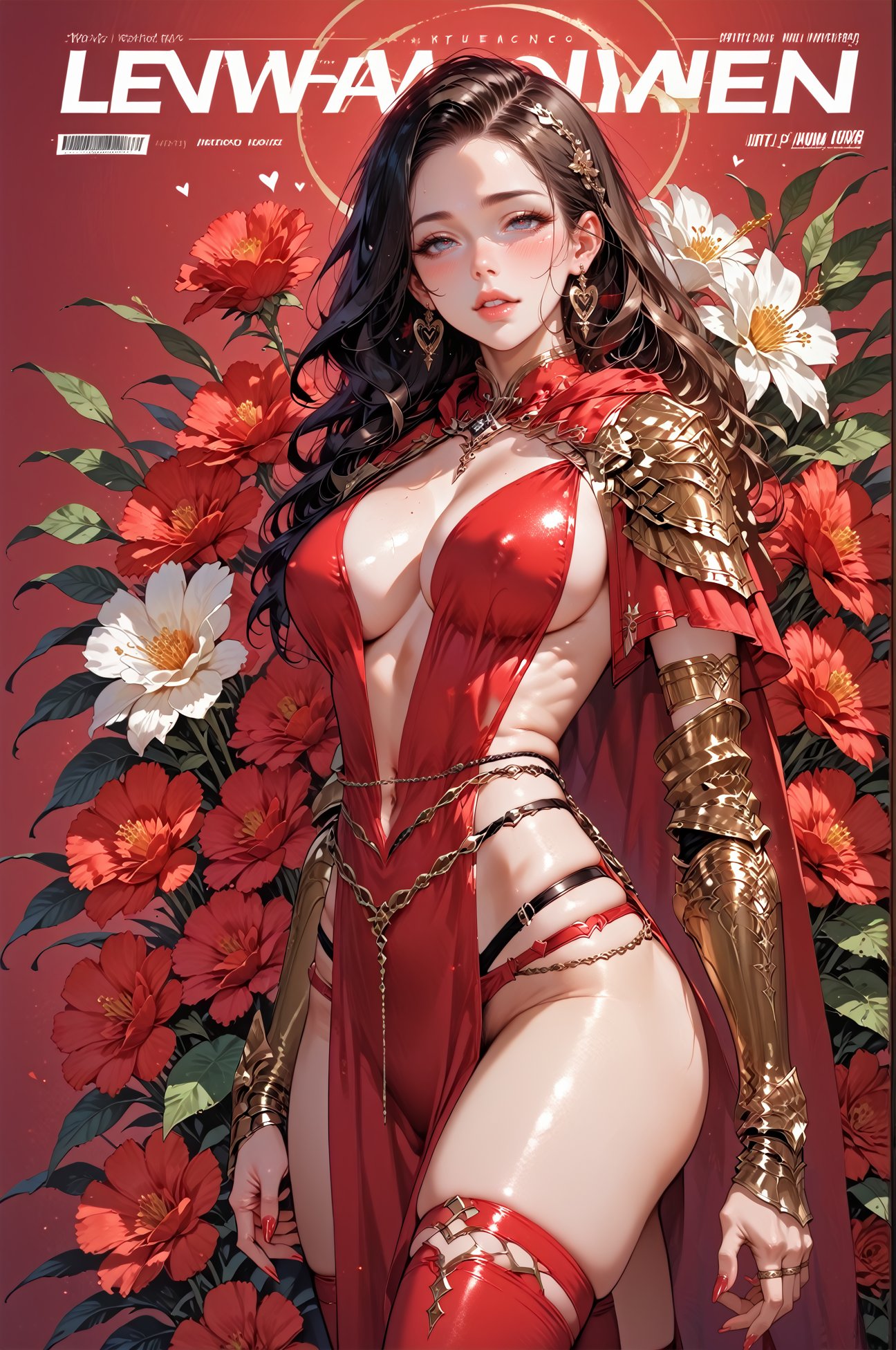 score_9, score_8_up, score_7_up, score_6_up, 1girl,long hair, seducing viewer, nsfw, heart, curvy,  looking at viewer, female focus, thighhighs, (on all four, crawling towards viewer), large breasts, posing, erotic pose, suggestive pose, flowers, red theme, magazine cover, helvetica bold, <lora:LOA3c1ips3XL:0.95> LOA3c1ips3XL, pelvic curtain, shiny earrings,<lora:hand 4:0.3> , <lora:Fant5yP0ny:0.6> <lora:Expressive_H:0.4> Expressiveh 