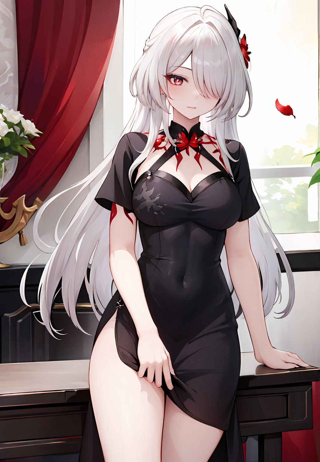 ((masterpiece,best quality)), 1girl, acheronult, hair over one eye, black china dress, bare legs, short sleeves, petals, flower, 