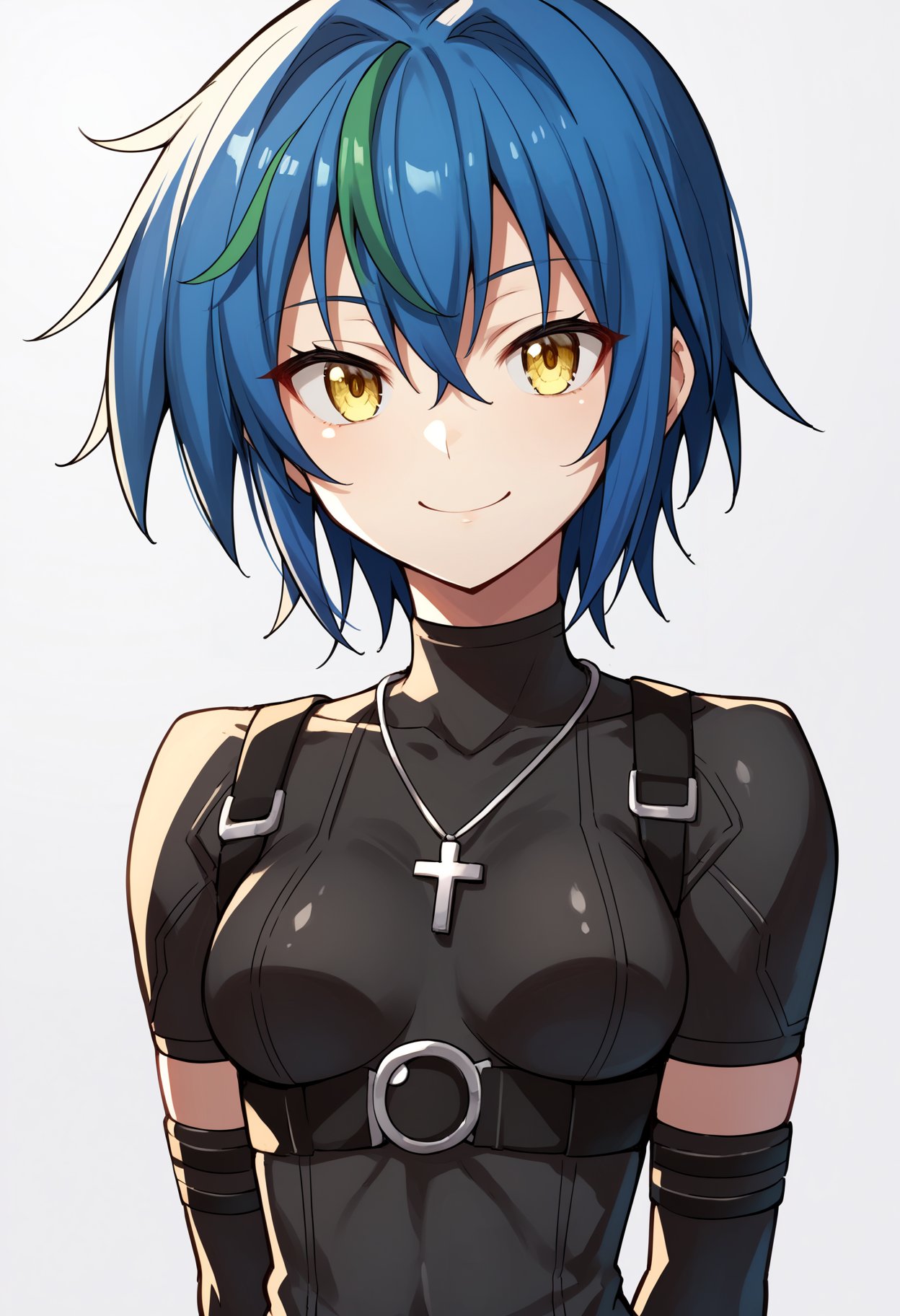 score_9, score_8_up, score_7_up, score_6_up, score_5_up, score_4_up, BREAK, source_anime,1girl, xenovia, blue hair, streaked hair, hair between eyes, short hair, yellow eyes,black leotard, skin tight short sleeves, cross necklace, fingerless elbow gloves,hands behind back, smile, upper body, looking at viewer, solo, simple background, white background   <lora:XenoviaXL:1>