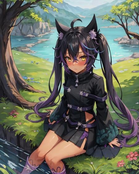 best quality, (masterpiece:1.2), illustration, absurdres,(1girl, solo), (beautiful detailed girl),<lora:Celine:0.9>, Celine Millstein, black hair, purple hair, streaked hair, ahoge, long hair, black cat ears, twintails, cat tail, dark skin, small breasts,black dress, black nails, claws, (((purple feet, barefoot)))looking at viewer, tsundere, blush,grassy mountains, trees, japanese architecture, river, plants,,(sitting:1.2), from above