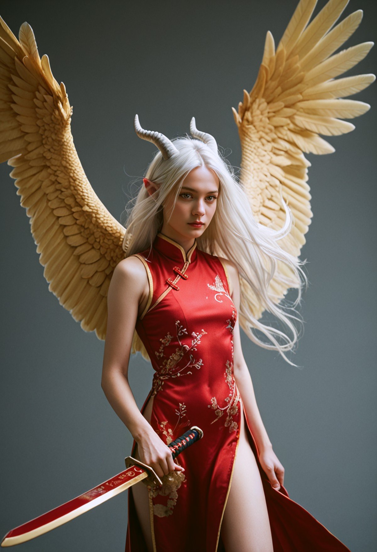 score_9, score_8_up, score_7_up, source_photo, realistic,8k,hd,1girl, solo, Chinese clothes, holding sword,gold feathered wings,dark red and light gold,hair pulled back, floating hair,dragon horns,white hair,long hair,pointy ears,