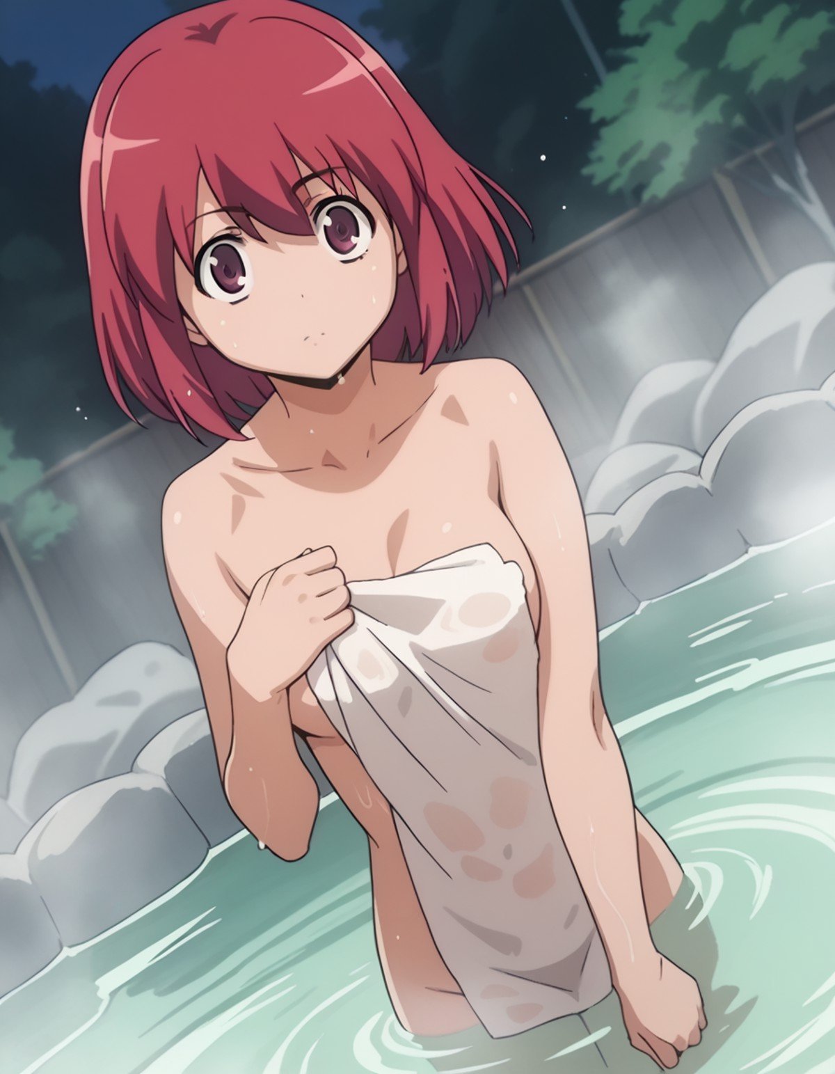 score_9, score_8_up, score_7_up, source_anime,minorikushieda, <lora:minori-kushieda-s1-ponyxl-lora-nochekaiser:1>,minori kushieda, short hair, red eyes, red hair,nude, naked, outdoors, onsen, towel, naked towel, steam, bathing, nude cover, partially submerged, water, bath, steam censor, wet towel,looking at viewer, solo, cowboy shot, dutch angle,