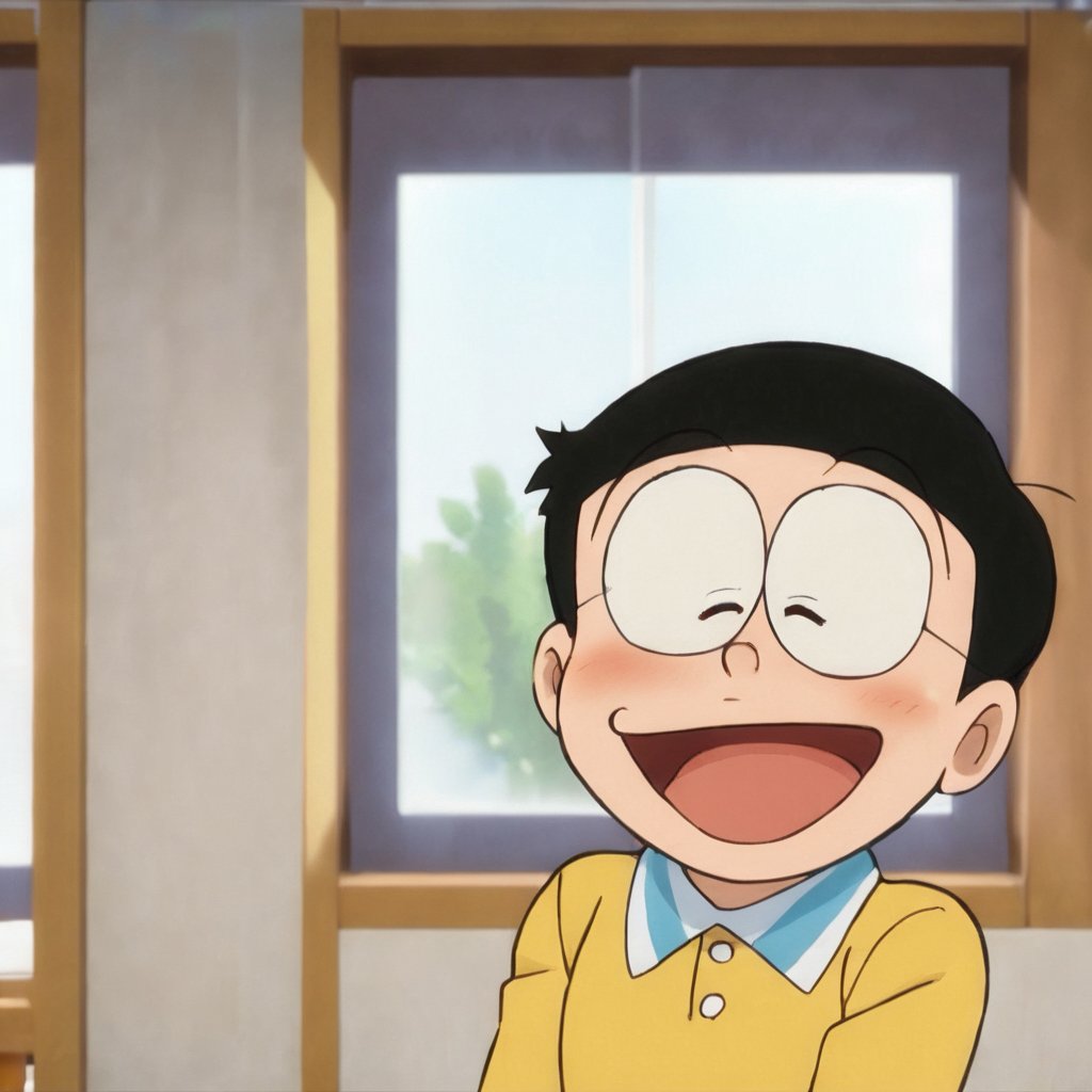 nobi nobita, 1boy,male focus, solo, smile, open mouth, black hair, closed eyes, blush, window, glasses, child, :d, ^_^, portrait, masterpiece, best quality, <lora:nobi nobita aam:1>