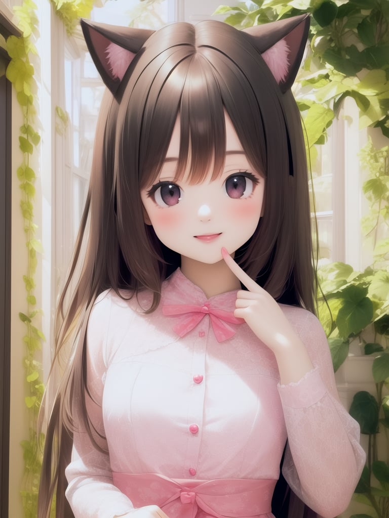 (masterpiece), (best quality), photo realistic, (extremely detailed), (1girl), solo, (pretty cute girl), looking at viewer, smile, slender, evenly sized eyes, extremely detailed eyes, upper body, outdoors, extremely detailed wallpaper, (completely detailed features), 16k, pink eyes, pink hair, cat girl, black animal ears, black tail, looking at viewer, smile, peace sign, pink kawaii room, heart item, red ribbon, pink and white dress, standing, indoors, fluffy<lora:EMS-459915-EMS:1.100000>