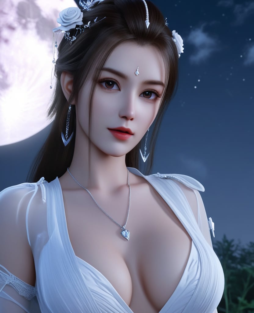 <lora:612-DA-XL-少年白马醉春风-玥瑶:0.8>(,1girl, ,best quality, ),looking at viewer,masterpiece, (( , )),, realistic,science fiction,mole, ultra realistic 8k cg, moonlight,full moon,  rose,(cleavage), (),