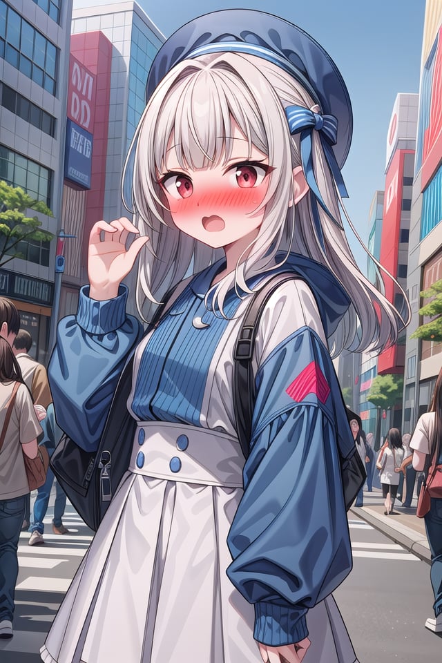 <lora:yudedako_v200:1>insanely detailed, absurdres, ultra-highres, ultra-detailed, best quality,1 girl, solo, nice hands, perfect handsBREAK(blue theme:1.3), (wearing harajuku-style coordinate),shame, embarrassed, open mouth, wavy mouth,dynamic pose, cowboy shot, looking at viewerBREAKslender, kawaii, perfect symmetrical face, ultra cute girl, ultra cute face, ultra detailed eyes, ultra detailed hair, ultra cute, ultra beautiful,in harajuku, shibuya, tokyo, street, crowd, cityscape,medium large breasts, (cleavage:-1.5)BREAK(white medium hair, dark red eyes)