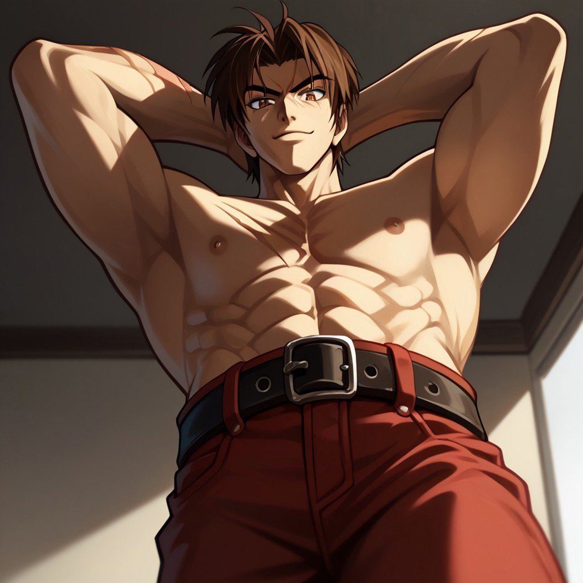 score_9, score_8_up, score_7_up BREAK yugobr, 1boy, brown hair, brown eyes, x face scar, x scar on face, shirtless, scratched chest, muscular, hands behind head, low-angle view, looking at viewer, seductive smile, closeup, low-angle pov, removed black belt, red jeans,