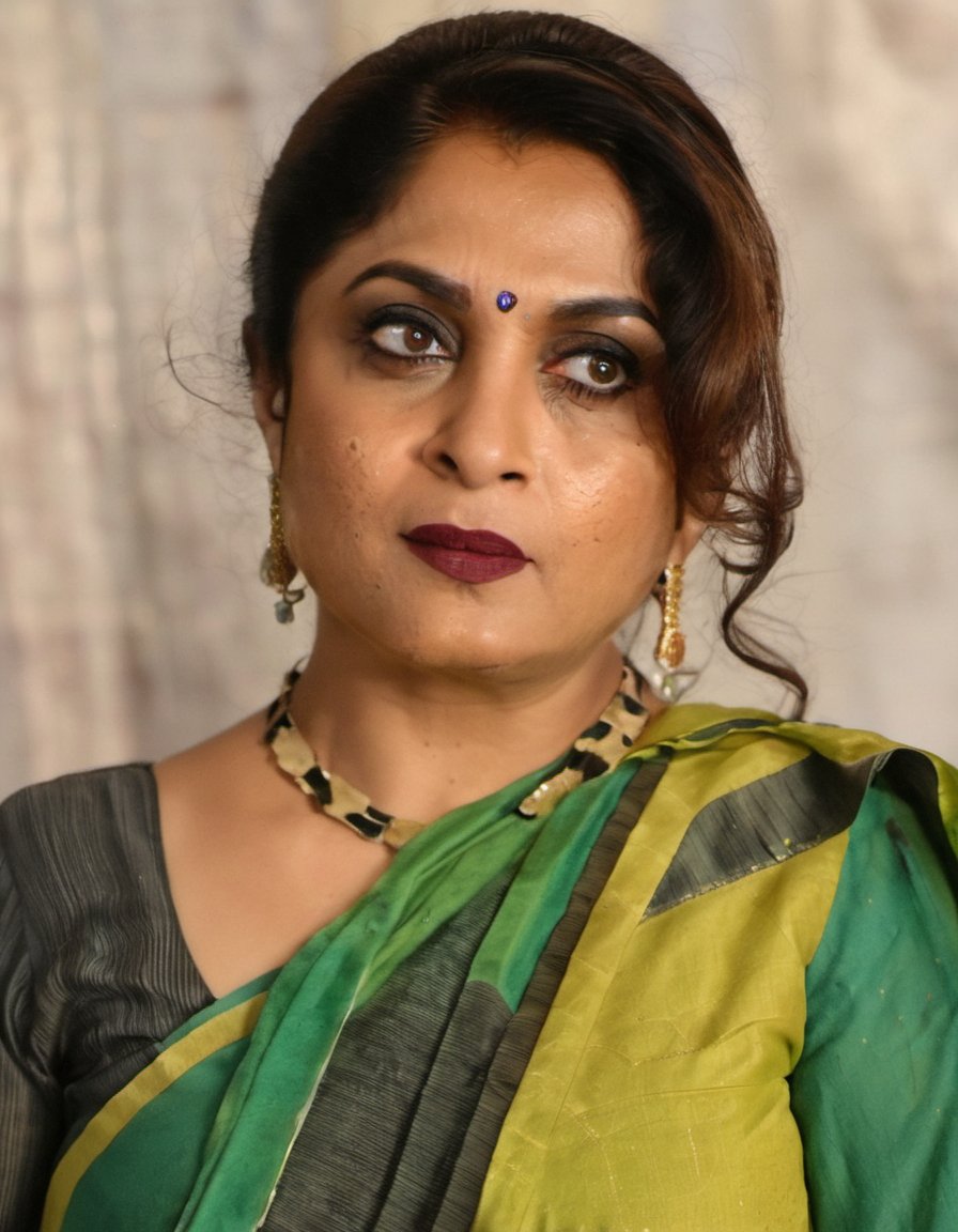 RamyaKrishnan,A detailed portrait of a woman with a neutral expression, facing the camera head-on. She has light brown wavy hair parted on the side and draped over her shoulders. Her makeup includes defined eyebrows, subtle eyeshadow, and bold red lipstick. She has green eyes and a scattering of freckles across her nose and cheeks. She's wearing what appears to be a red garment with a black denim jacket over it, the collar of the jacket is popped and outlined with black stitching