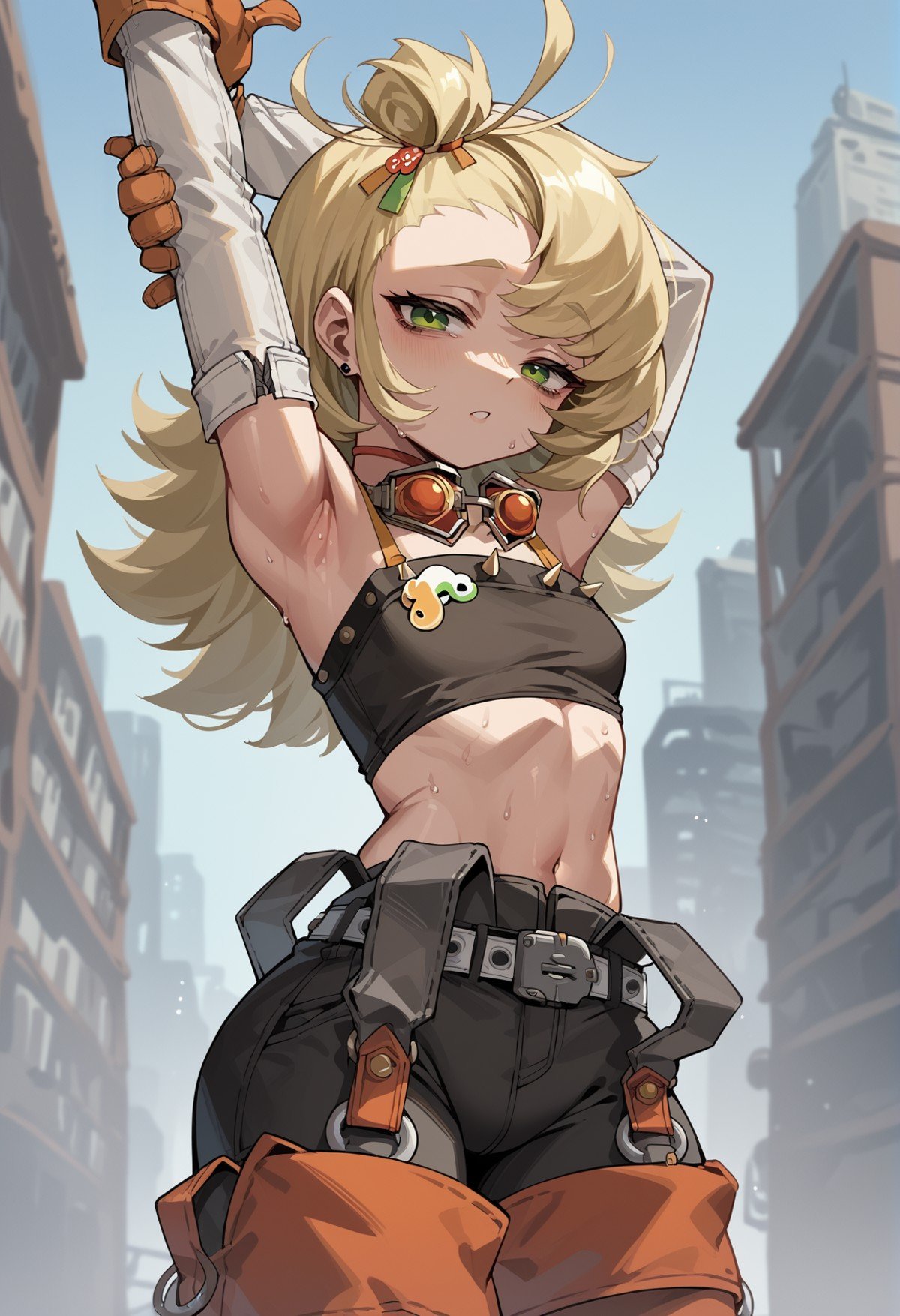 1girl, long hair, messy hair, blonde hair, green eyes, topknot, hair ornament, detached sleeves, orange gloves, tube top, Goggles Around Neck, shorts, chaps, Detached Leggings, stretching, looking at viewer, bags under eyes, sweat, outdoors, city  <lora:Piper_ZZZ:1>, score_9, score_8_up, score_7_up, score_6_up, score_5_up, score_4_up, BREAK source_anime, masterpiece