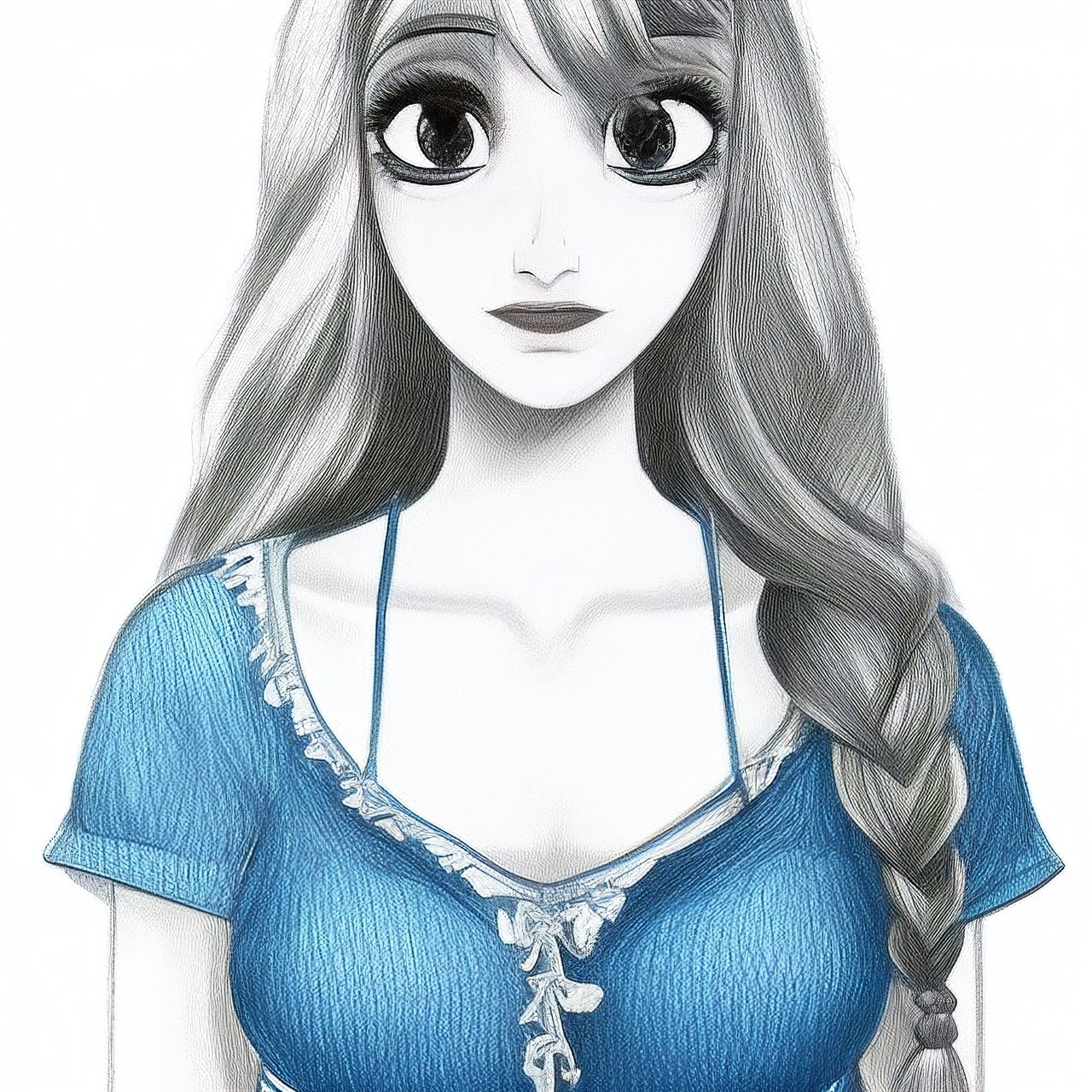 (masterpiece,  best quality,)  (ultra-detailed), modern disney style, pencil,highres,1girl,shirt, midriff,navel,hair ornament,looking at viewer,crop top,collarbone,shorts, ponytail,medium breasts,cowboy shot,blue shorts,bangs,short shorts,