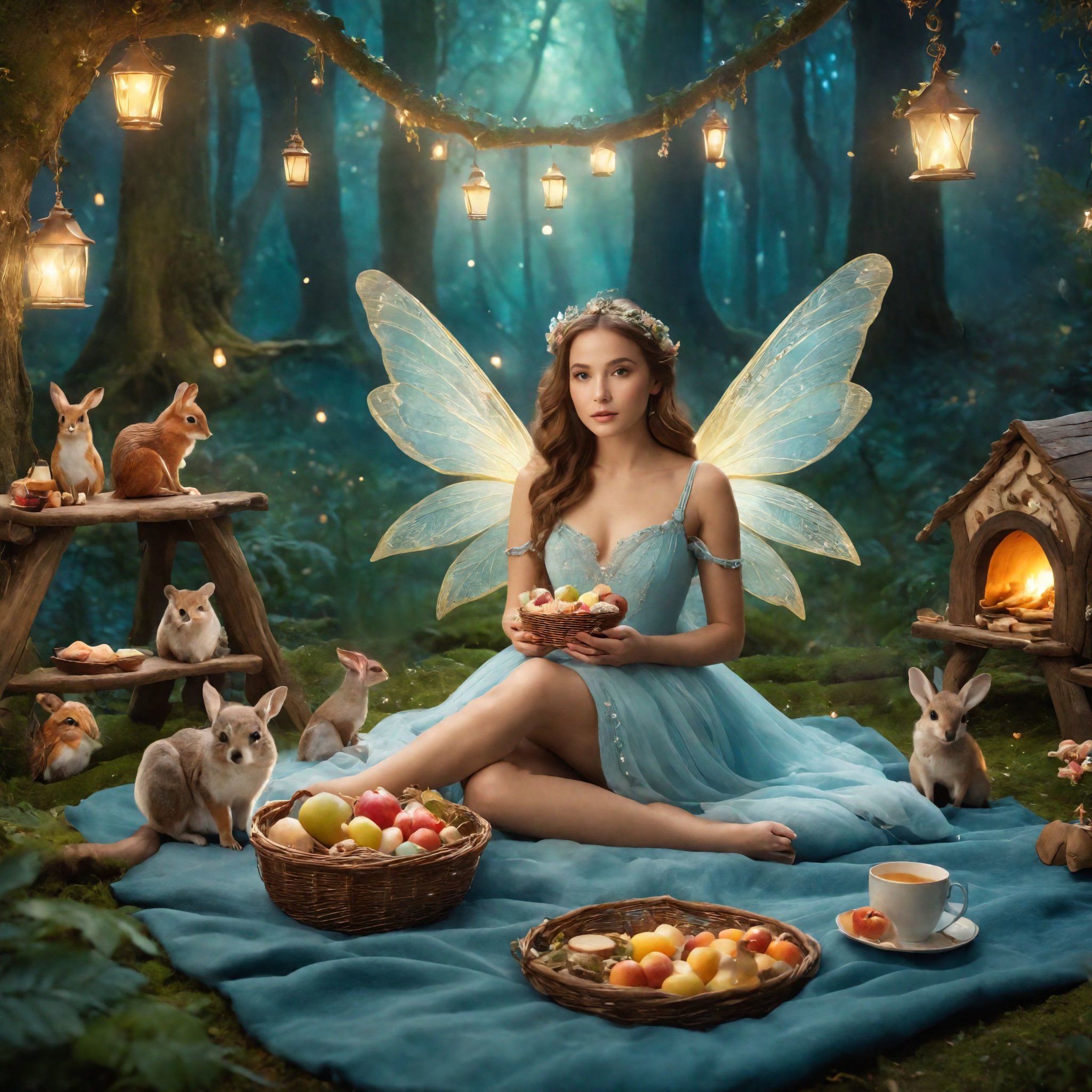 cinematic film still Dreamscape 1 fairy with wings sitting and on a blanket having a picnic with loads of cute woodland animal friends food and drinks in the magical woods, realistic fantasy photography, furnished with fairy furniture, stephen lau and artgerm, in a candy forest! at night, by Elizabeth Polunin, cgworld, by Cosmo Alexander, metaverse, rankin, photorealistoc, cinematic  photorealistic, 8k uhd natural lighting, raw, rich, intricate details, key visual, atmospheric lighting, 35mm photograph, film, bokeh, professional, 4k, highly detailed . Surreal, ethereal, dreamy, mysterious, fantasy, highly detailed, the environment is ultra-detailed, , and a perfect cinematic lighting that highlights every detail. The product photography is perfect, capturing every angle and texture of the girls and its surroundings. The environment is perfect for a fantasy movie, with a sense of beauty and magical adventure lurking around every corner. The scene is rendered in 8K, with every pixel perfectly defined and crisp.  <lora:add-detail-xl:2> <lora:epiNoiseoffset_v2:2>, cinematic  photorealistic, 8k uhd natural lighting, raw, rich, intricate details, key visual, atmospheric lighting, 35mm photograph, film, bokeh, professional, 4k, highly detailed . shallow depth of field, vignette, highly detailed, high budget, bokeh, cinemascope, moody, epic, gorgeous, film grain, grainy