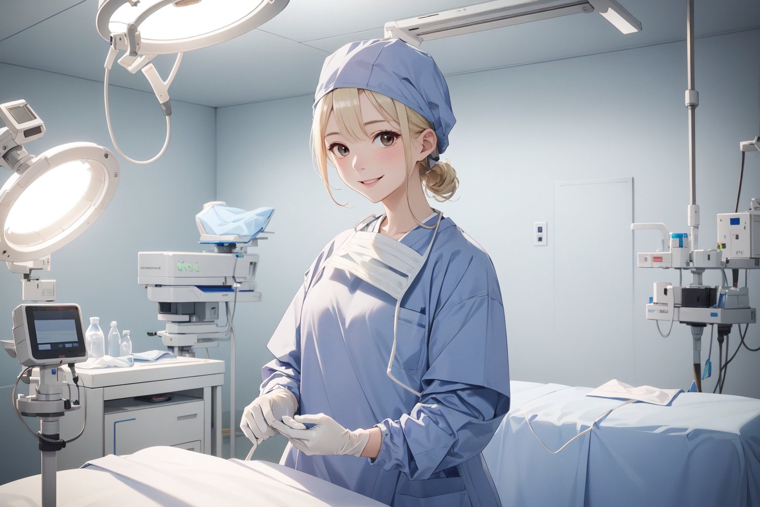 (RAW photo, best quality), 1girl, long sleeve surgical outfit, surgical gloves, surgical cap,  operating room, overhead surgical light, light smile, <lora:concept_surgical_mask_open_v2_1:1> surgical_mask_open, completely_undone, blonde hair,