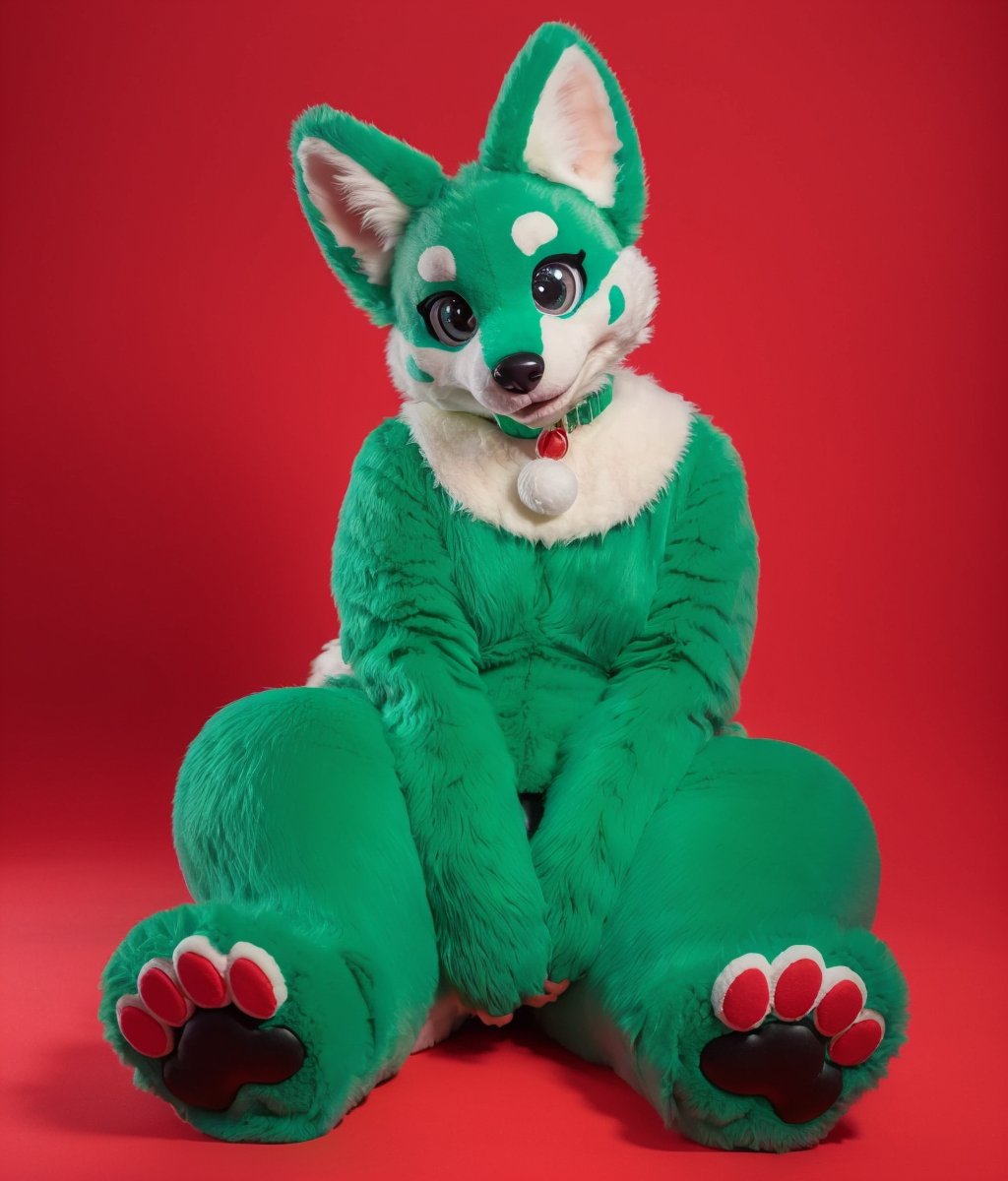 furry,big eyes,fur collar,paw gloves,fluffy,green fur,curvy,chuchumy,solo,no humans,looking at viewer,full_body,sitting,soles,cuteg,fursuit,Fursona,christmas,red_background,<lora:Clothes_Fursona_v1:0.6>,