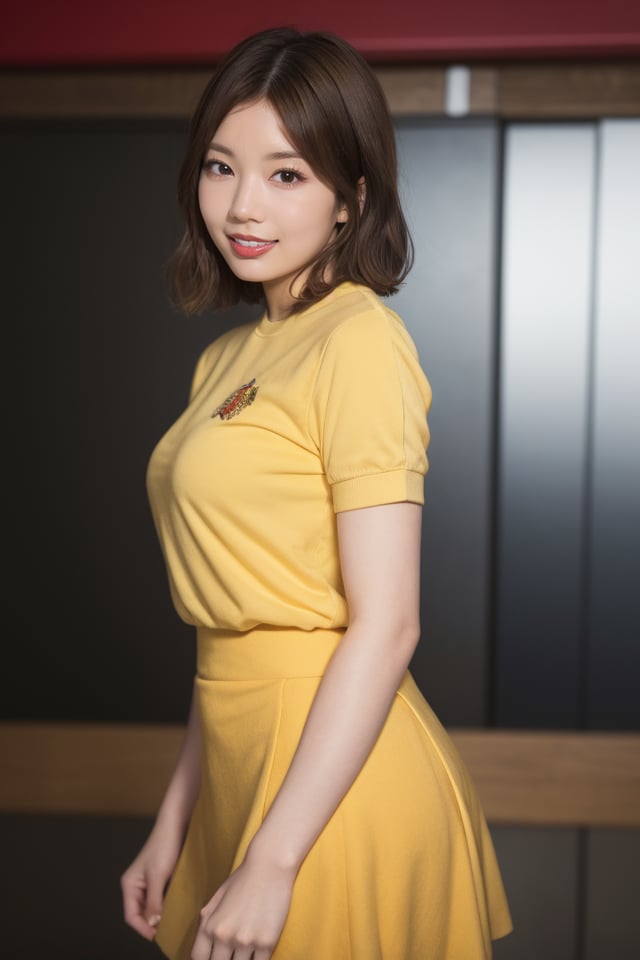 1girl,solo,skirt,brown hair,smile,kneehighs,short hair,yellow shirt,best quality,masterpiece,illustration,Amazing,finely detail,masterpiece,official art,incredibly absurdres,huge filesize,ultra-detailed,highres,extremely detailed,realistic,blurry background,,<lora:Takamoto Ayaka_20240512133812:0.8>