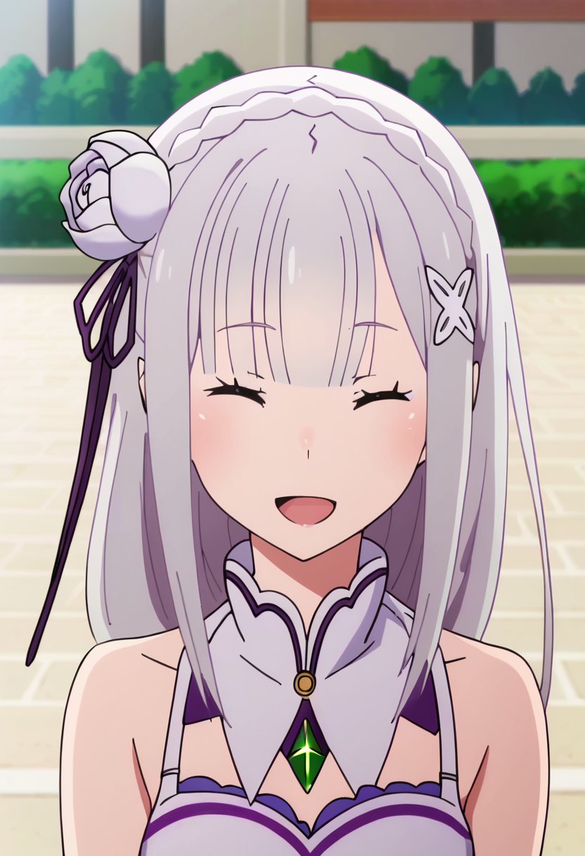 <lora:emilia:1> emilia, 1girl, solo, hair ornament, closed eyes, emilia (re:zero), long hair, flower, hair flower, open mouth, x hair ornament, smile, ribbon, hair ribbon, outdoors, bangs