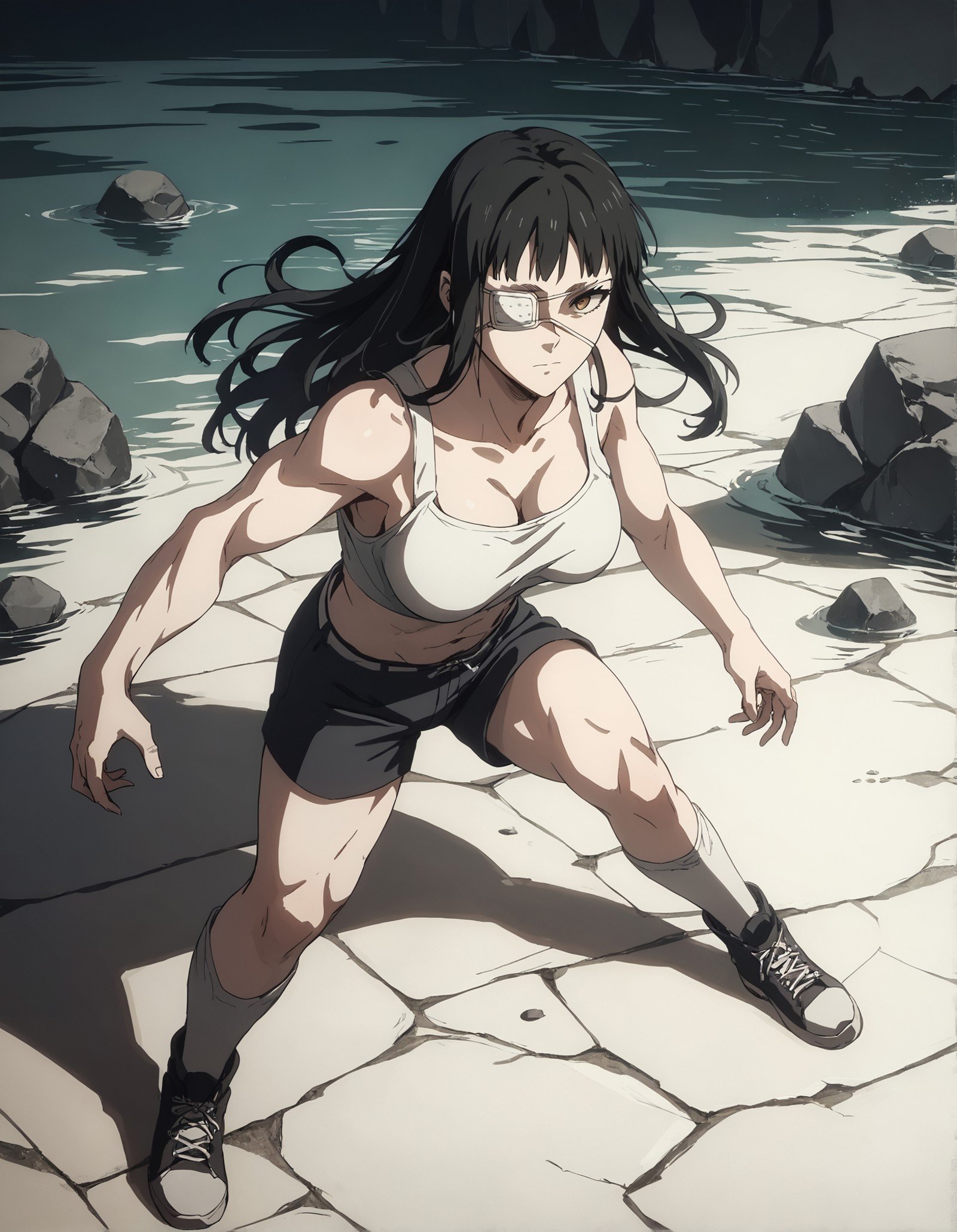 score_9, score_8_up, score_7_up,score_6_up,high resolution,source_anime,s0fiavalm3t,1girl,eyepatch,black hair,long hair,,water,rocks,volumetric lighting,rim lighting,dof,dramatic shadow,full body,dynamic pose,looking at viewer,pov,suspended in air