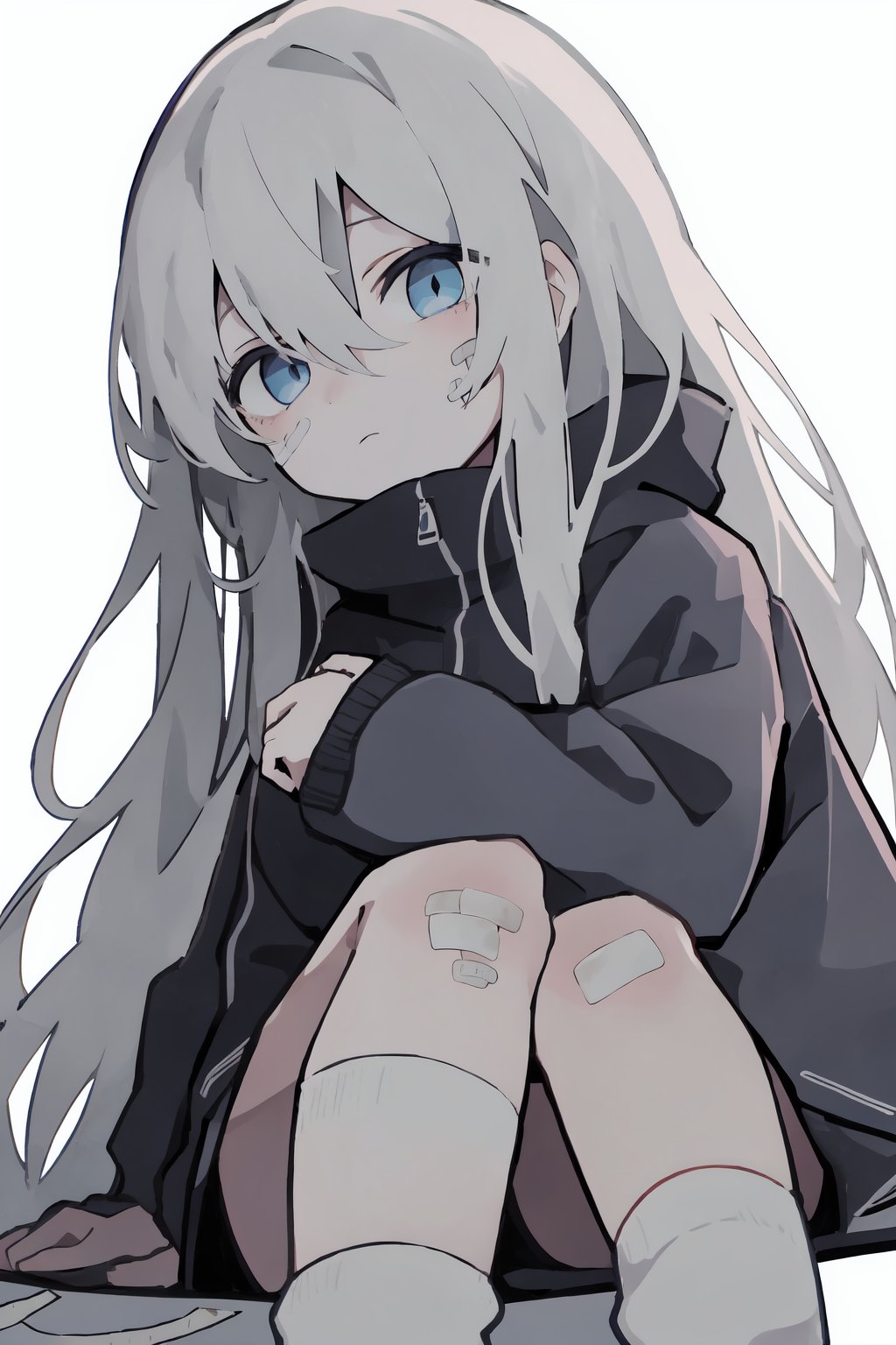 1girl,solo,blue eyes,white background,bandaid on leg,bandaid,looking at viewer,white hair,simple background,sitting,socks,hair between eyes,bandaid on knee,closed mouth,long hair,knees up,bangs,long sleeves,jacket,chibi,so-style,