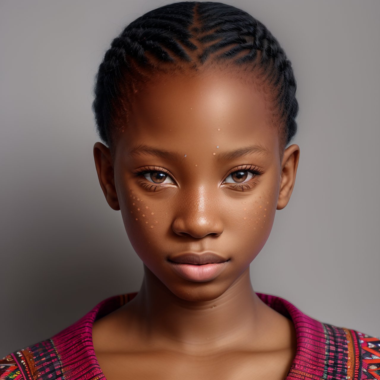 SFW, extra resolution, view from above, close up portrait of AIDA_LoRA_EmSam <lora:AIDA_LoRA_EmSam:0.82> in (black tribal African dress:1.1), little girl, pretty face, beautiful child, very detailed face, (looking at viewer with love:1.3), (very detailed natural skin with pores), dolly short, intimate, dramatic, insane level of details, intricate pattern, studio photo, kkw-ph1, hdr, f1.7, colorful, (gray background:1.1), stunningly beautiful, simple background