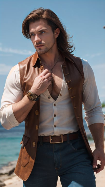 Holding a rapier an adult male pirate with long swept back brown hair, light blue eyes, stumbled facial hair, 1820s era white shirt and red vest, chest hair, holding a rapier, chest hair, 8k, cinematic lighting, island background