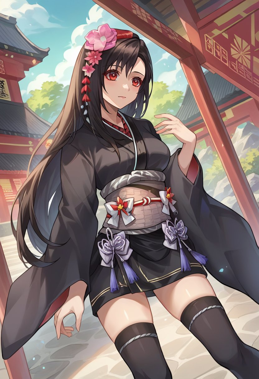 score_9, score_6_up, source_anime, 1girl, solo, japanese shrine, tifa_exotic, long hair, japanese clothes, short kimono, black kimono, sash, wide sleeves, hair flower, pink flower, hair ornament, black thighhighs <lora:tifaXL:1>