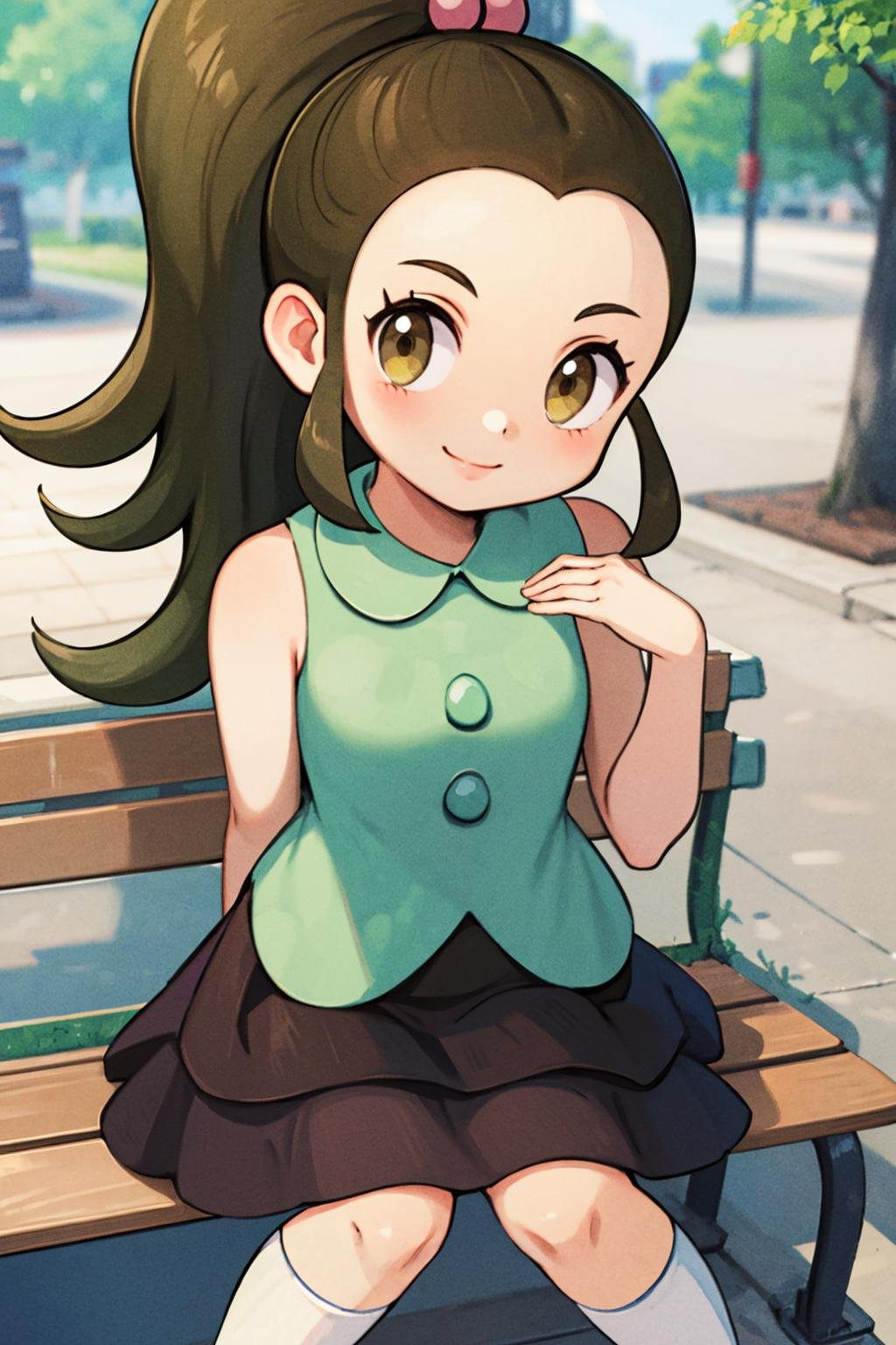 masterpiece,best quality,illustration,beautiful detailed girl, highres,1girl,<lora:GoodHands-beta2:1:lbw=MIDD>,nice hands, perfect hands,<lora:schoolkid oras:1>,schoolkid oras,hair bobbles,forehead,sleeveless shirt,brown skirt,kneehighs,sneakers,sitting,(full body:1.2),on bench,smile,looking at viewer,park