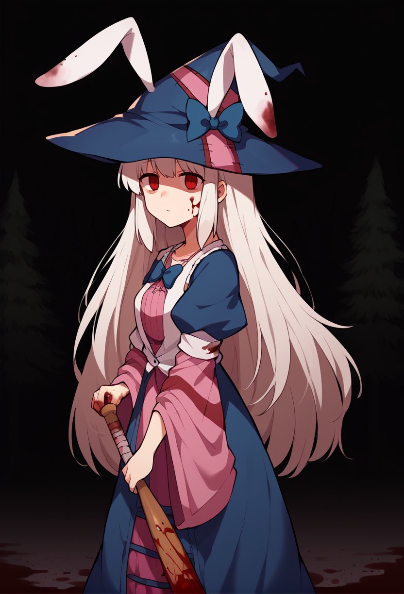 <lora:IrisuKyouko:1> irisu kyouko, 1girl, long hair, red eyes, white hair, very long hair, animal ears, rabbit ears, hat, witch hat, dress, striped,  <lora:DarkerThanDarkV0.8:1>, forest, night, dark, from side, looking at viewer, blood on clothes, blood on face, baseball bat, holding a baseball bat, holding, empty eyes, horror \(theme\),, score_9, score_8_up, score_7_up, source_anime,