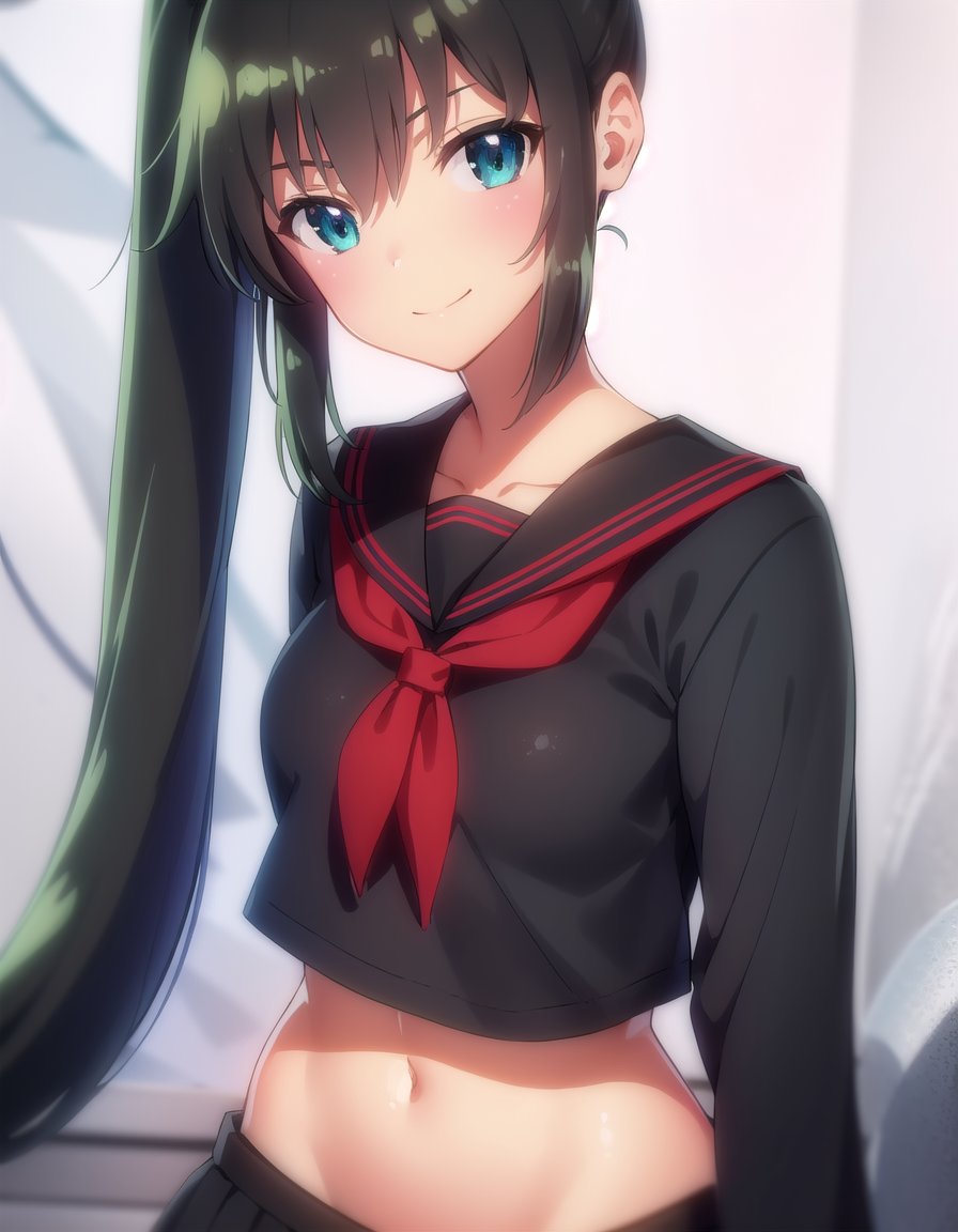 skhomura, <lora:sk homura s1-lora-nochekaiser:1>,homura, long hair, black hair, ribbon, very long hair, (green eyes:1.3), hair ribbon, ponytail, dark skin, dark-skinned female,BREAK navel, school uniform, serafuku, midriff, crop top, (black serafuku:1.2),BREAK outdoors, classroom,BREAK looking at viewer, (cowboy shot:1.5), smile,BREAK <lyco:GoodHands-beta2:1>, (masterpiece:1.2), best quality, high resolution, unity 8k wallpaper, (illustration:0.8), (beautiful detailed eyes:1.6), extremely detailed face, perfect lighting, extremely detailed CG, (perfect hands, perfect anatomy),