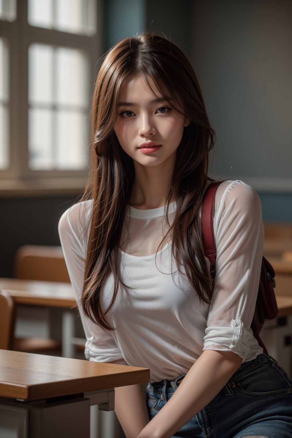 beautiful 18-year-old student girl with alluring eyes on classroom, cute pose, super model, cinematic shot in the style of denis villeneuve, (looking at viewer), masterpiece