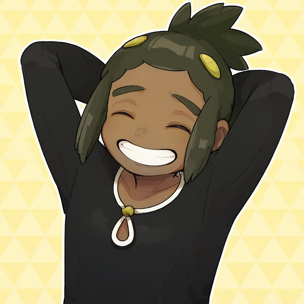 1boy, solo, hau, black shirt, upper body, grin, eyes closed, arms behind head