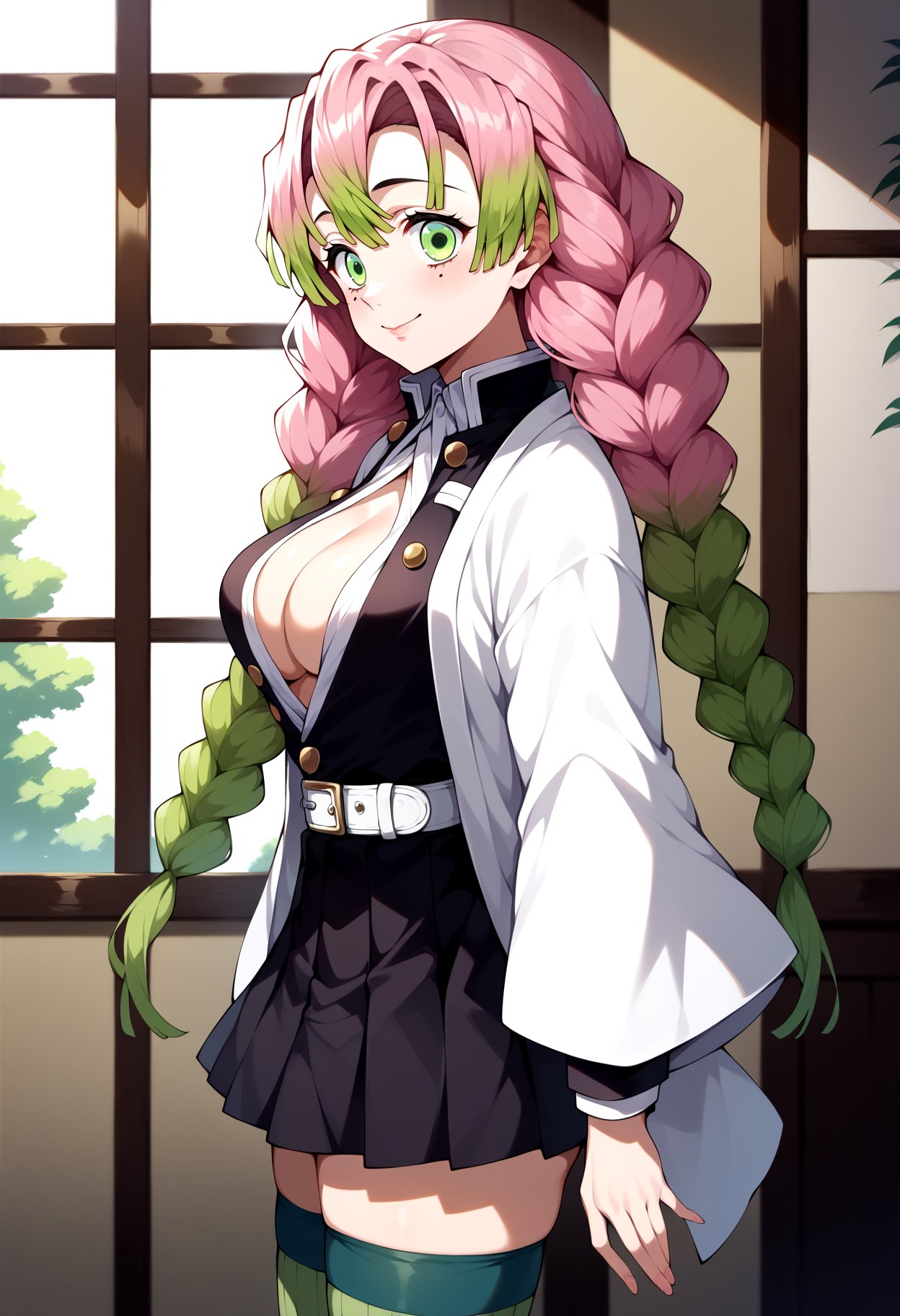 score_9, score_8_up, score_7_up, source_anime, aamitsuri, long hair, braid, multicolored hair, green eyes, mole under eye, large breasts, japanese clothes, cleavage, white jacket, haori, black shirt, open clothes, belt, pleated skirt, black skirt, green thighhighs, ribbed legwear, <lora:kanroji_mitsuri_ponyxl_v1:0.8>, from side, standing, cowboy shot, indoors, smile