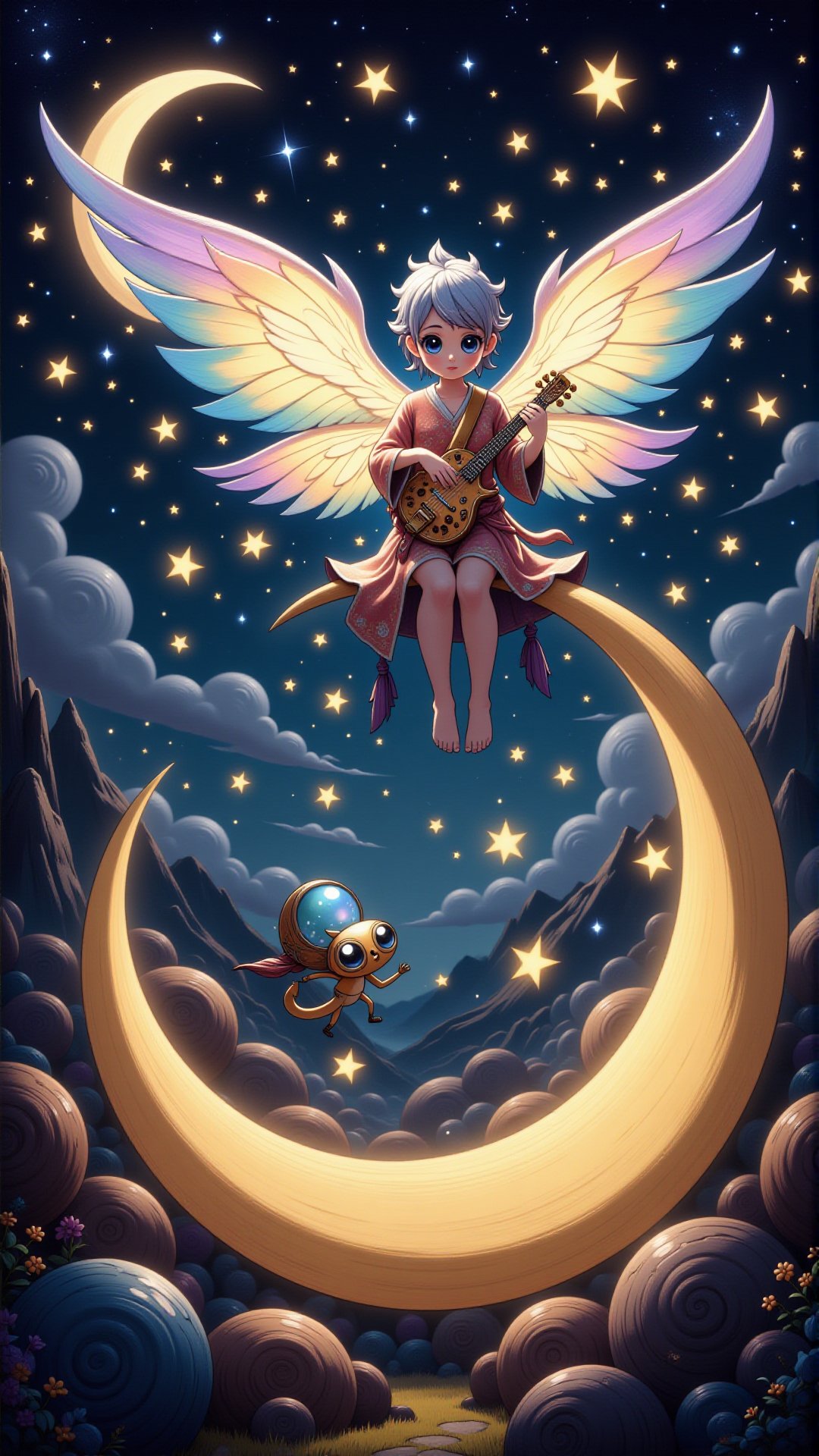 A luminescent being with iridescent wings and a lyre made of stardust perches on a crescent moon, weaving a melody that summons a galaxy of fireflies to swirl around them in a dazzling display of cosmic harmony.